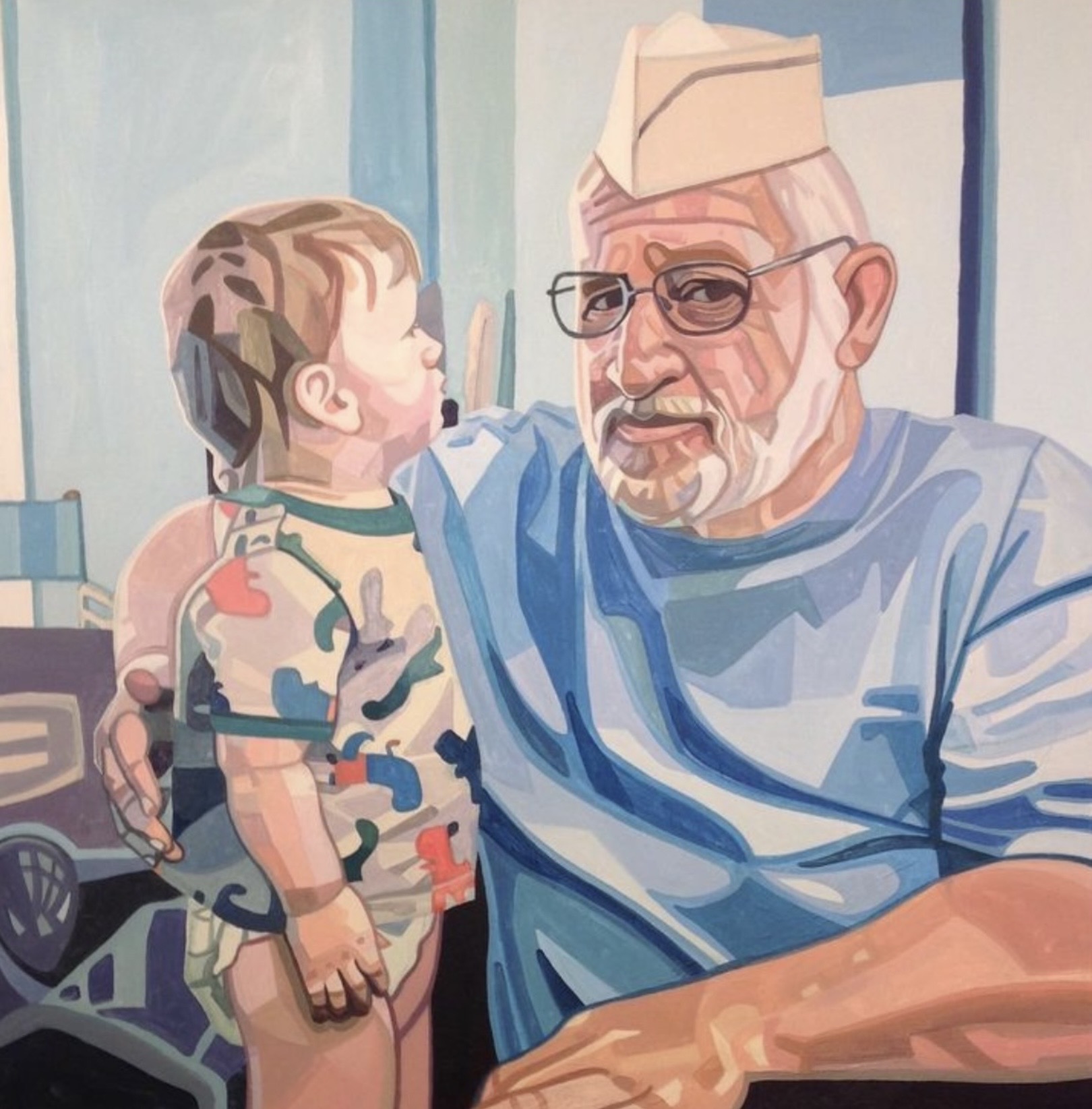 An elderly man with glasses and a cap interacts with a young child in a colorful, stylized painting.
