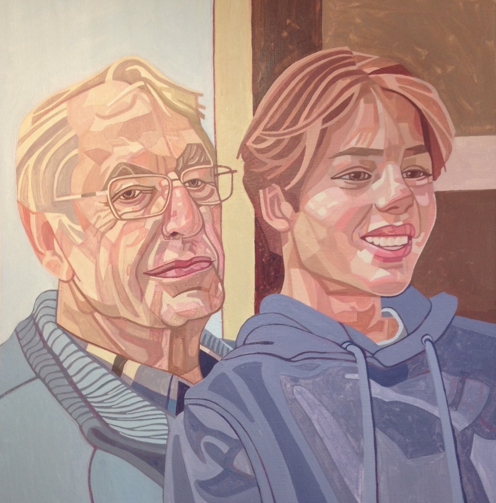 Two people, one older with glasses and one younger, smiling, in a colorful, stylized painting.