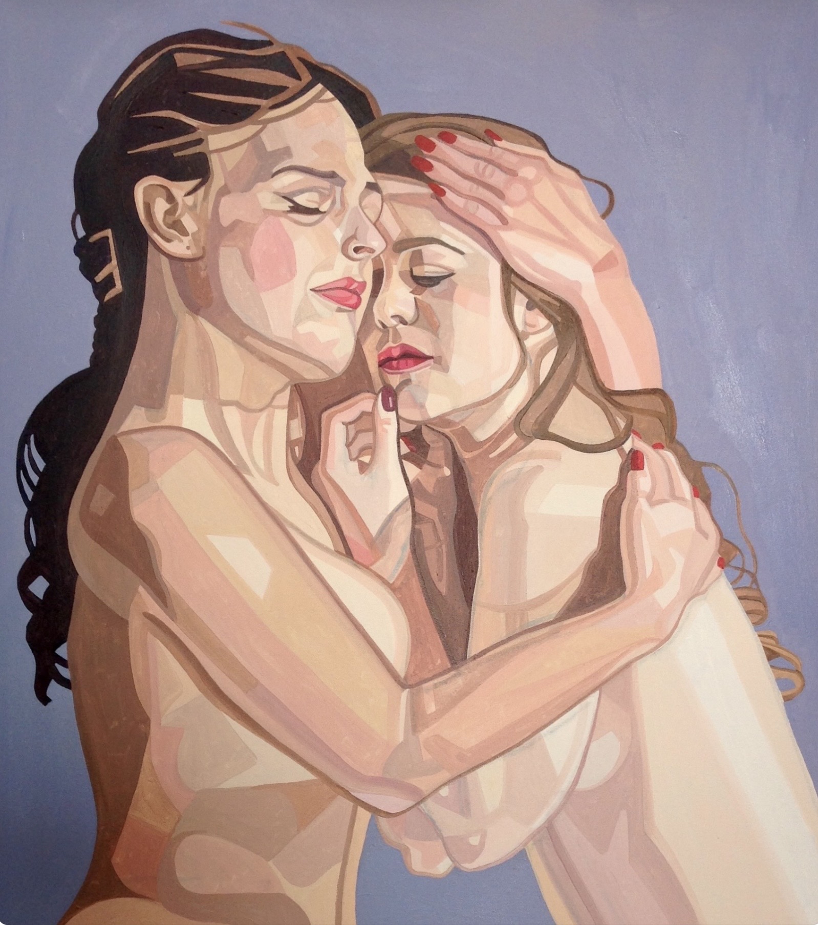 Two women embrace, one with hand on the other's forehead, eyes closed, in a tender moment, painted in a stylized manner.