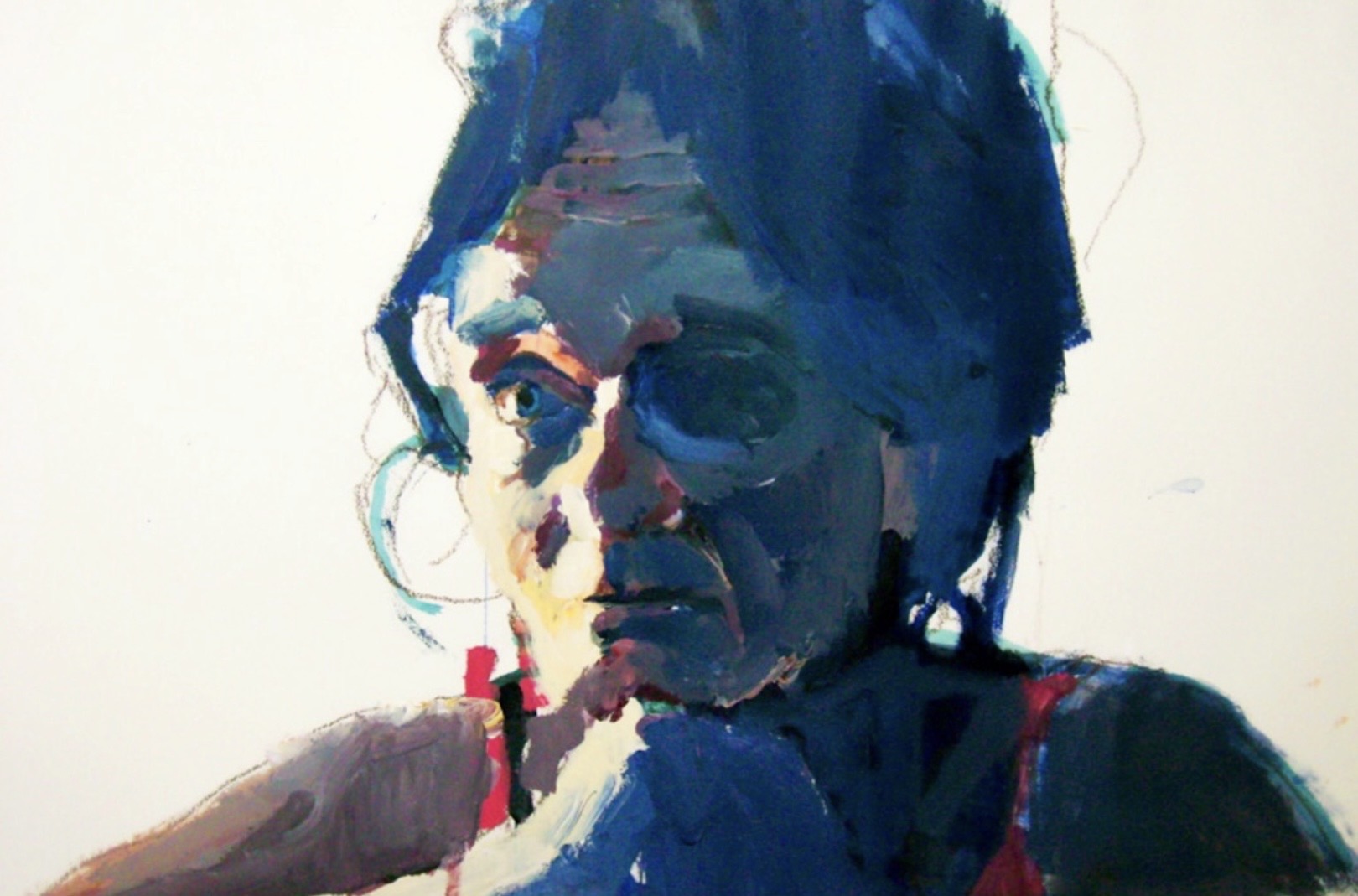 Portrait of a woman with short dark hair, looking to the side, painted in a loose, abstract style.