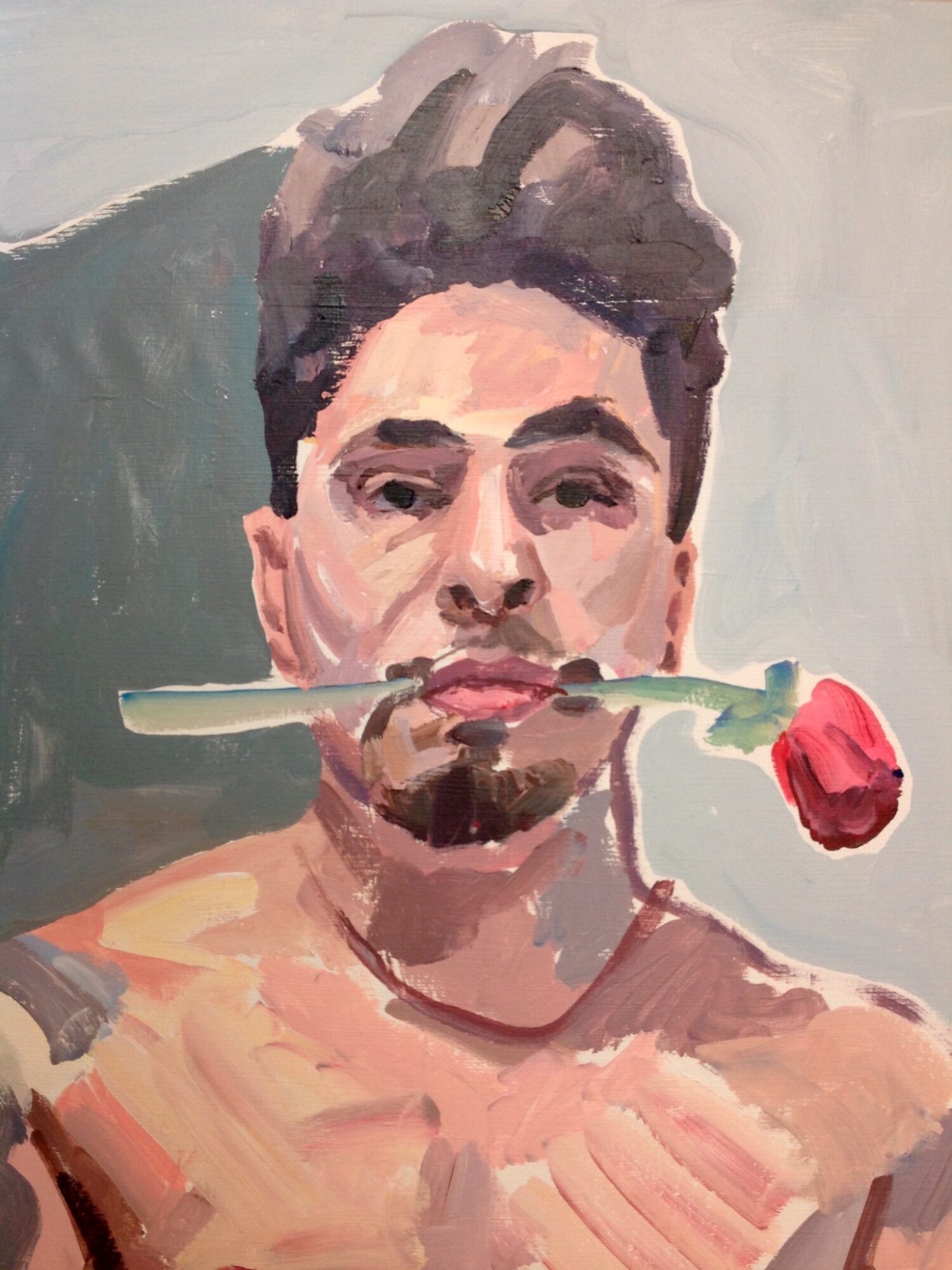 Portrait of a young man with dark hair holding a rose in his mouth, painted in an impressionistic style.