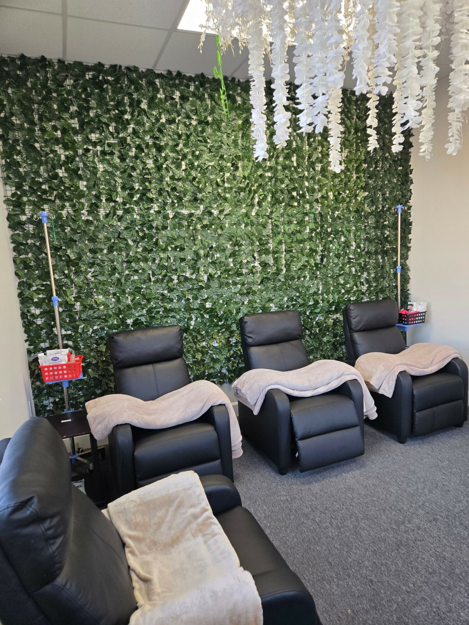 Indoor seating area with black chairs, a beige blanket, and a green leafy wall background.