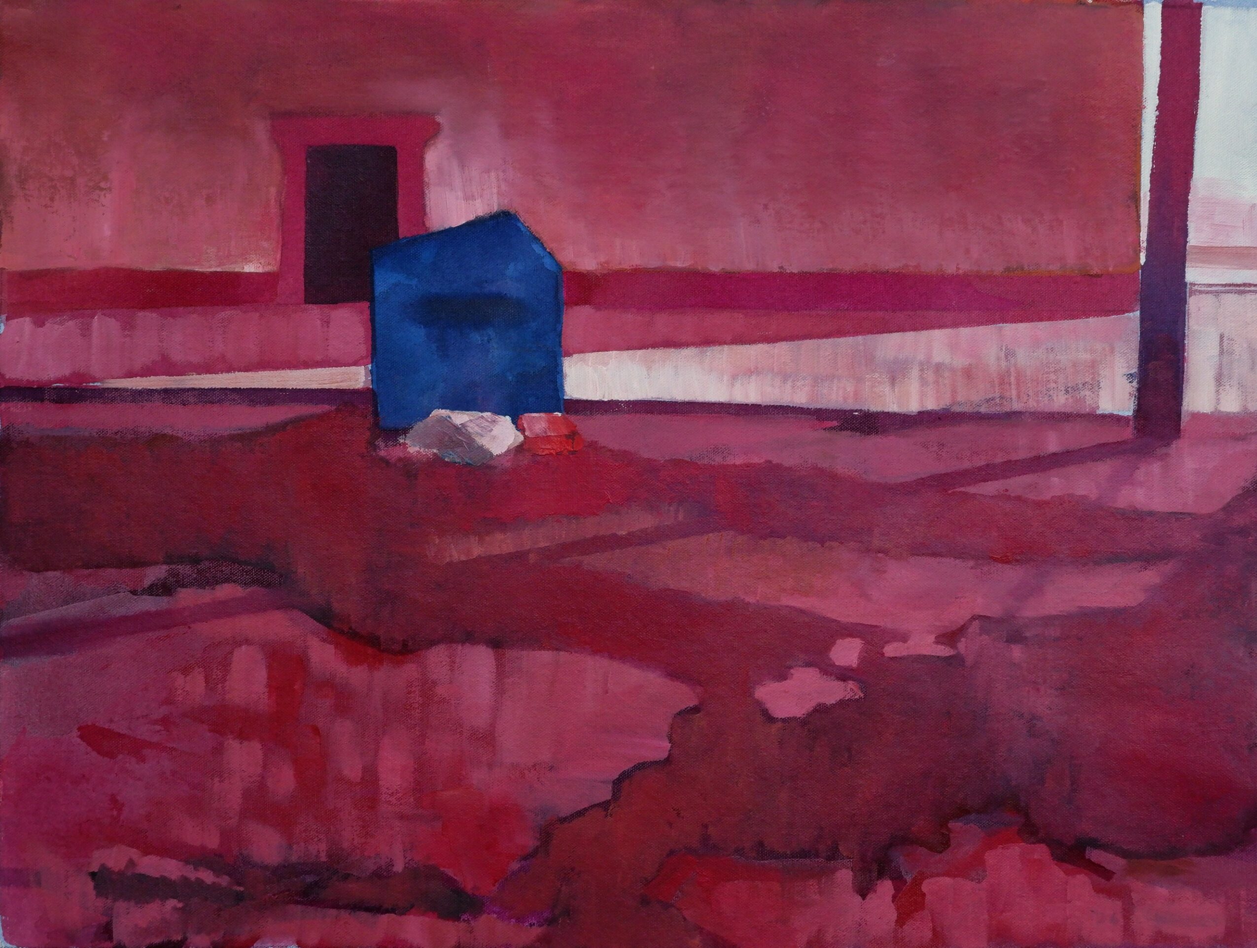 A painting with a blue structure, a pinkish background, and a dark door, with abstract ground in shades of red and pink.