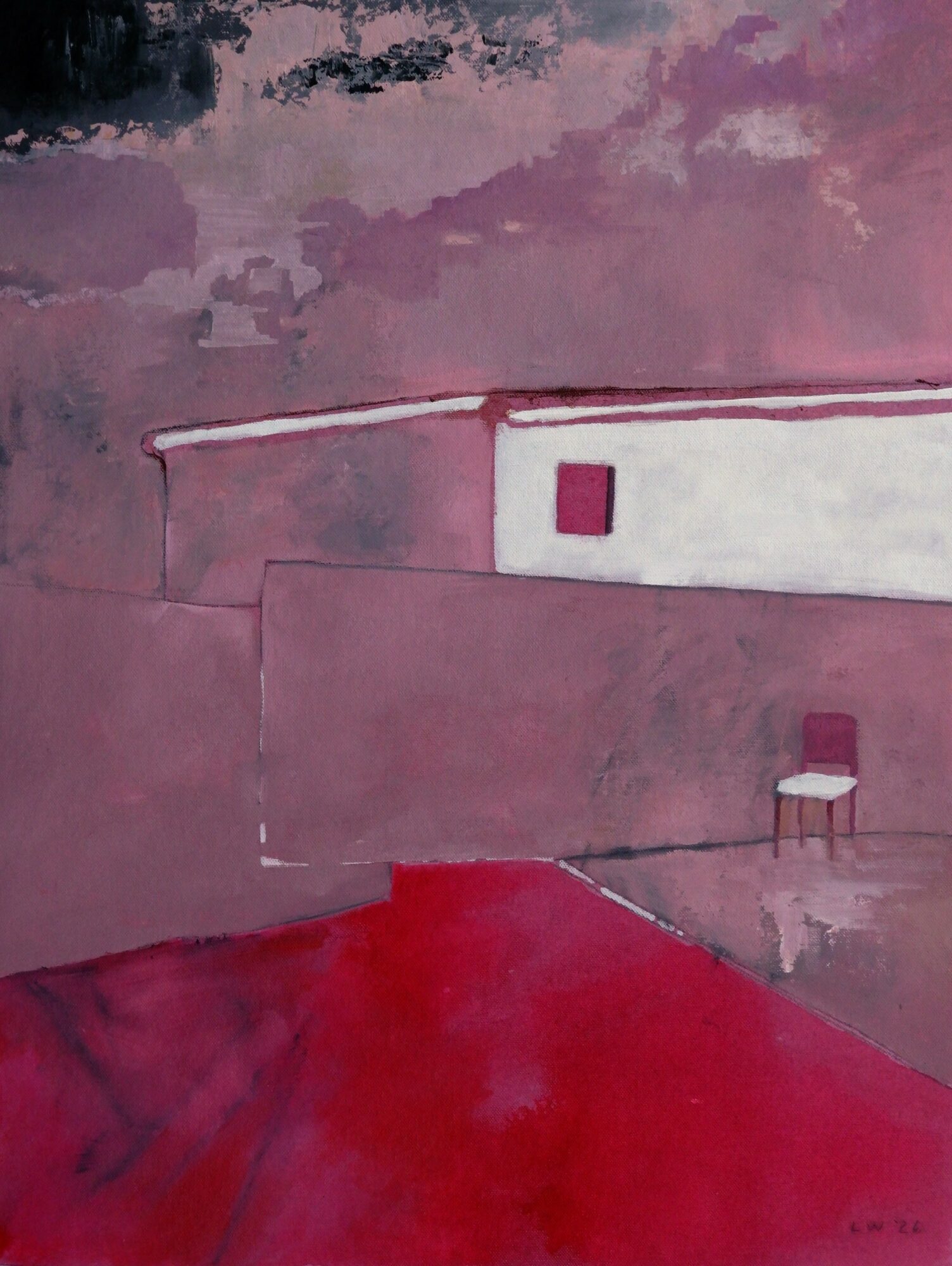 A painting of a building with a white wall, a small window, and a chair, against a pink sky.