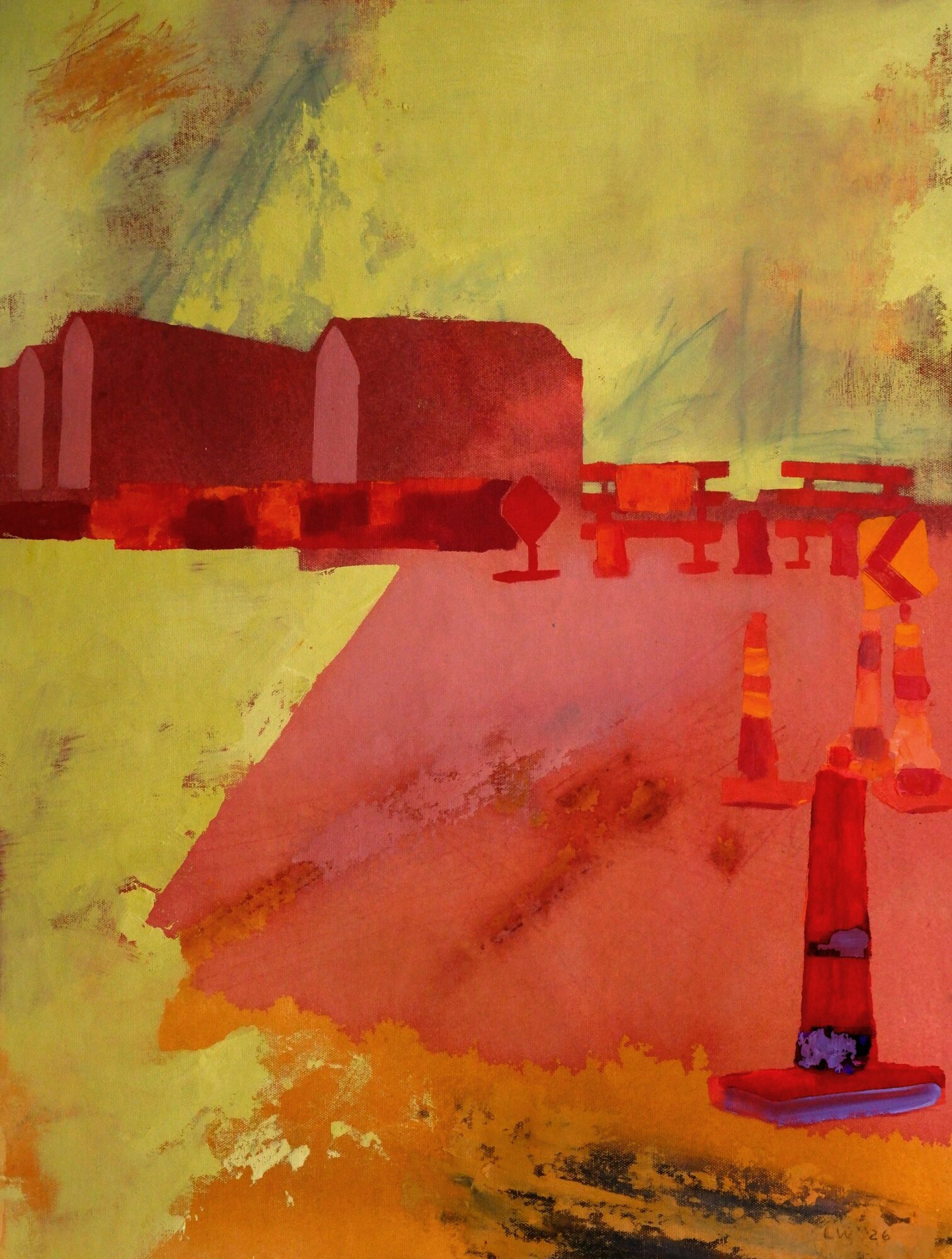 Abstract watercolor painting with red, yellow, and pink shapes and structures, resembling buildings and a landscape.