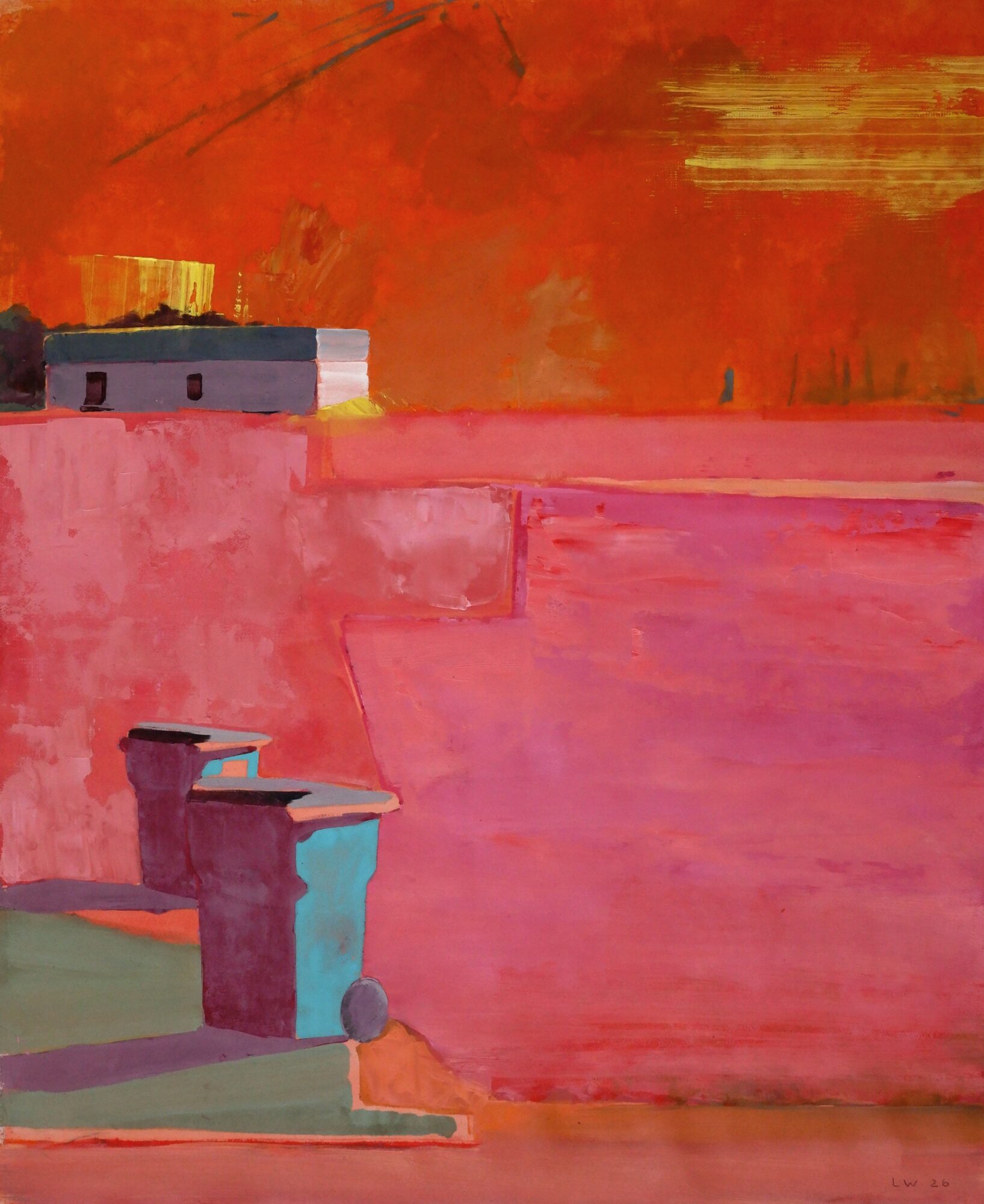 Abstract landscape with a pink foreground, a small building, and an orange sky, painted in bold colors.