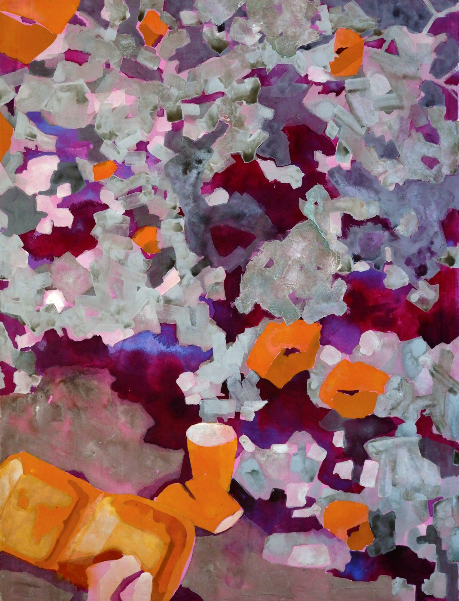 Close-up of colorful confetti with purple, white, gray, and orange pieces scattered randomly.