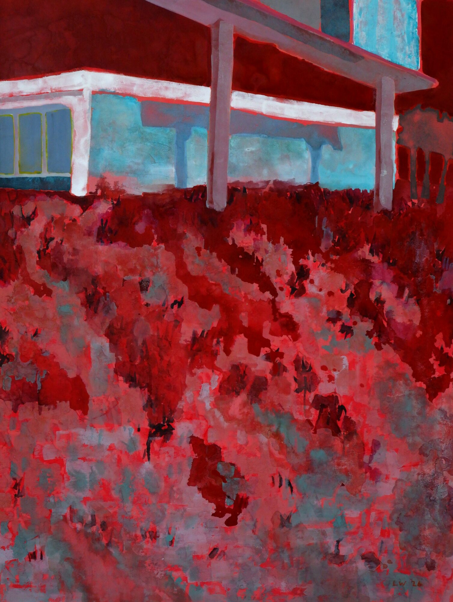 Building with large windows and a balcony above red foliage, painted in an abstract style.