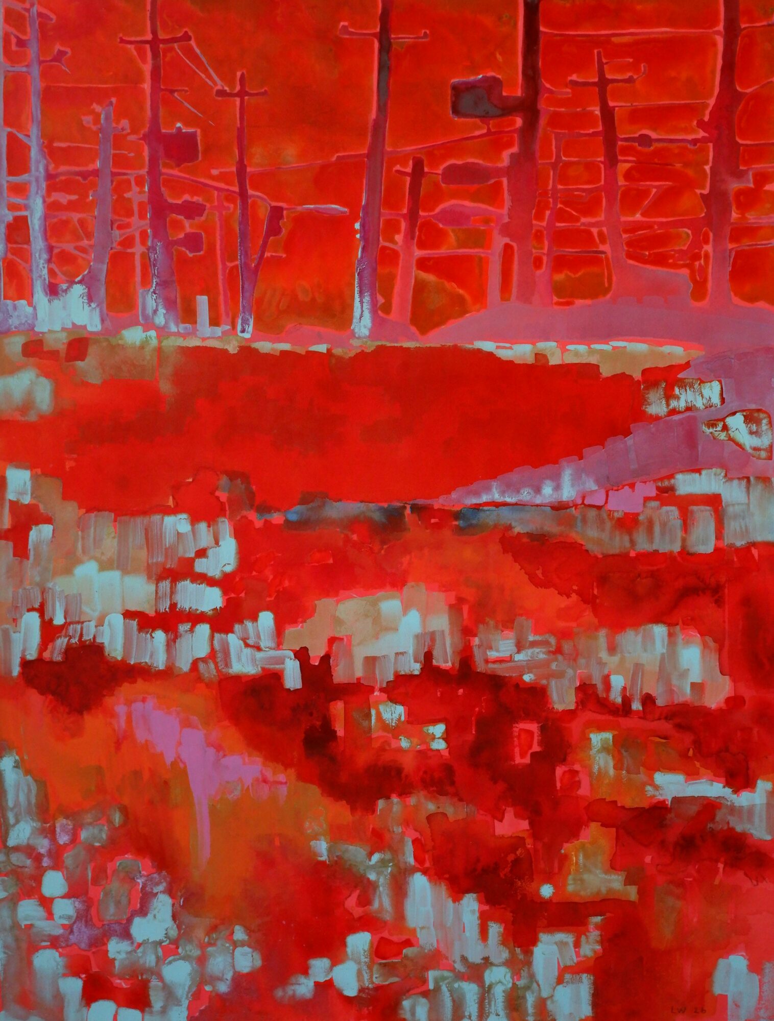 Abstract landscape with red, orange, and blue hues, featuring trees and a textured ground.