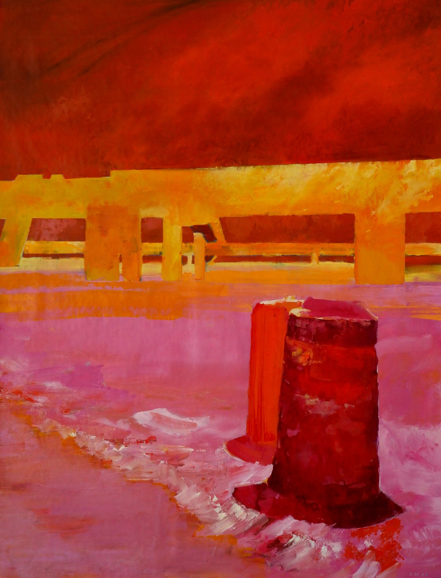 Abstract painting with warm red, orange, yellow, and pink colors, featuring a bridge and two cylindrical objects in the foreground.