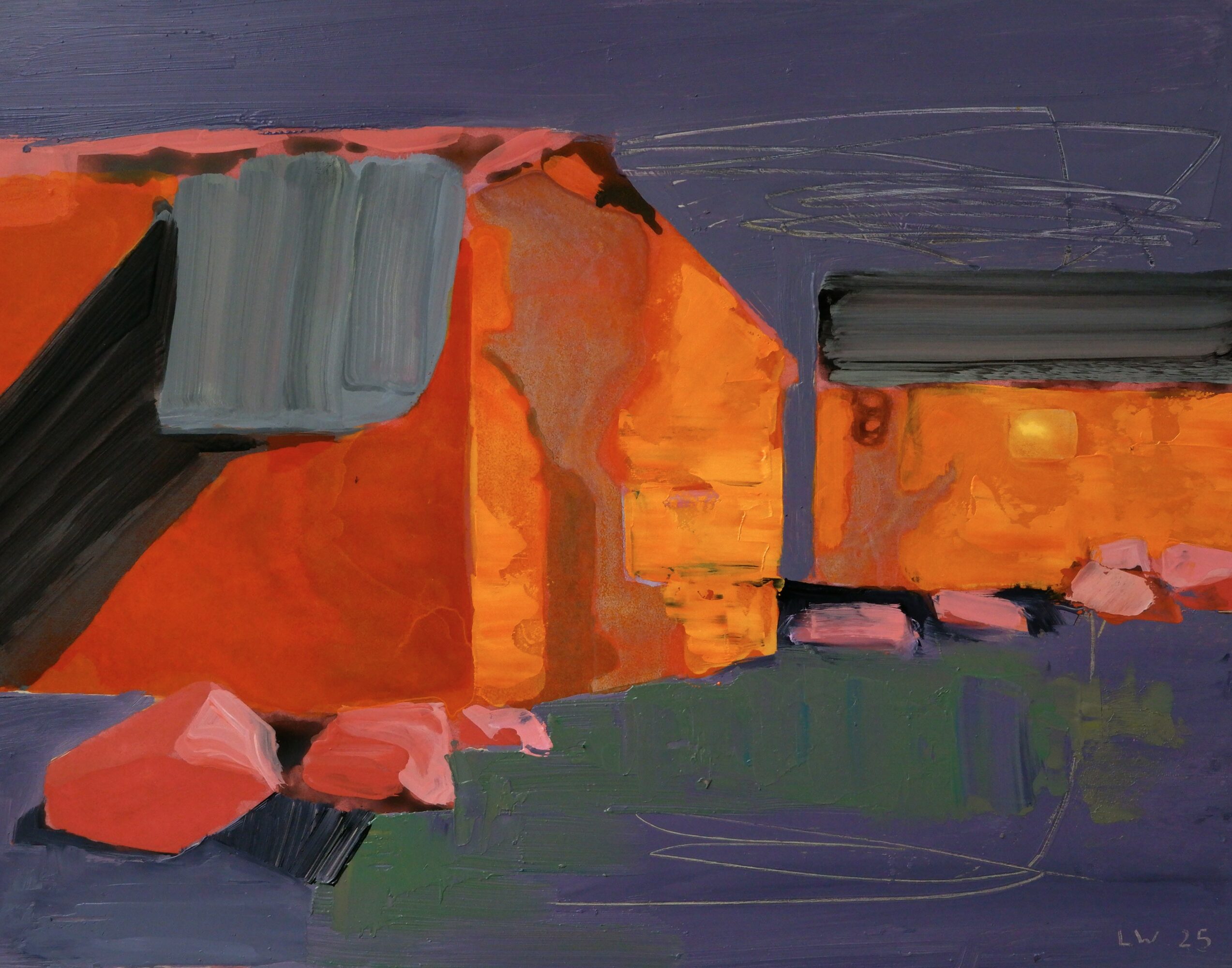 Abstract painting of buildings with orange, gray, and black colors, and rocks in the foreground.