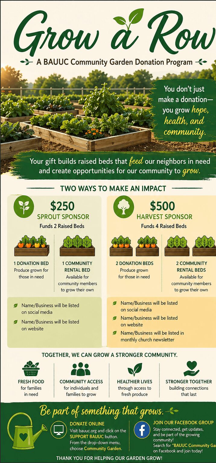 Flyer promoting community garden donations with images of garden beds, plants, and logos, encouraging growth and community support.