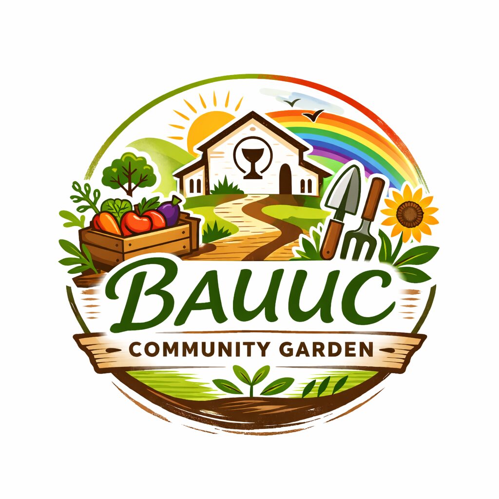 Community garden logo with a house, sun, rainbow, vegetables, gardening tools, sunflower, and trees, with text in Cyrillic and English.