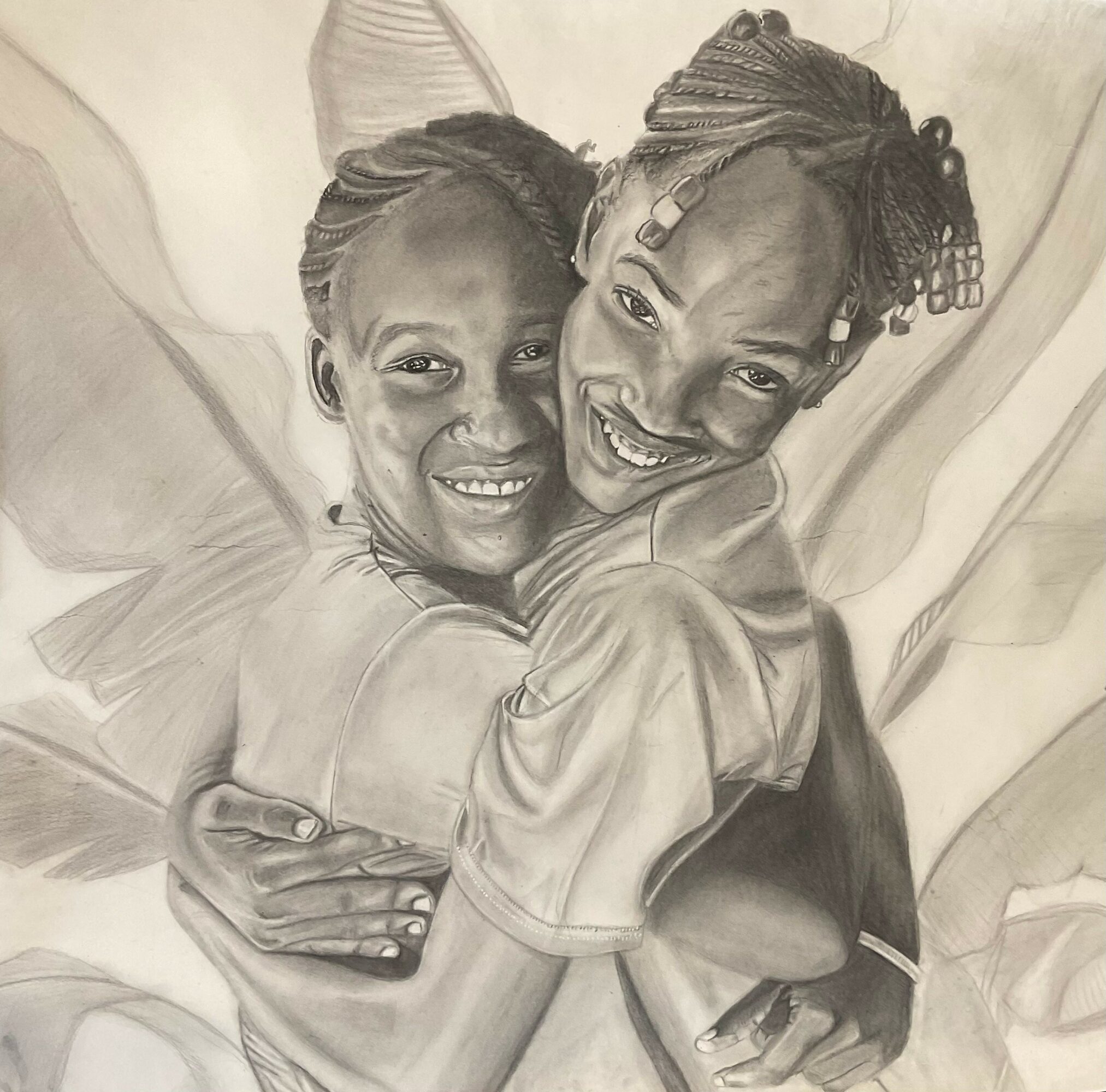 Two children hugging and smiling, with detailed facial expressions and hair, in a close-up shot, in black and white.