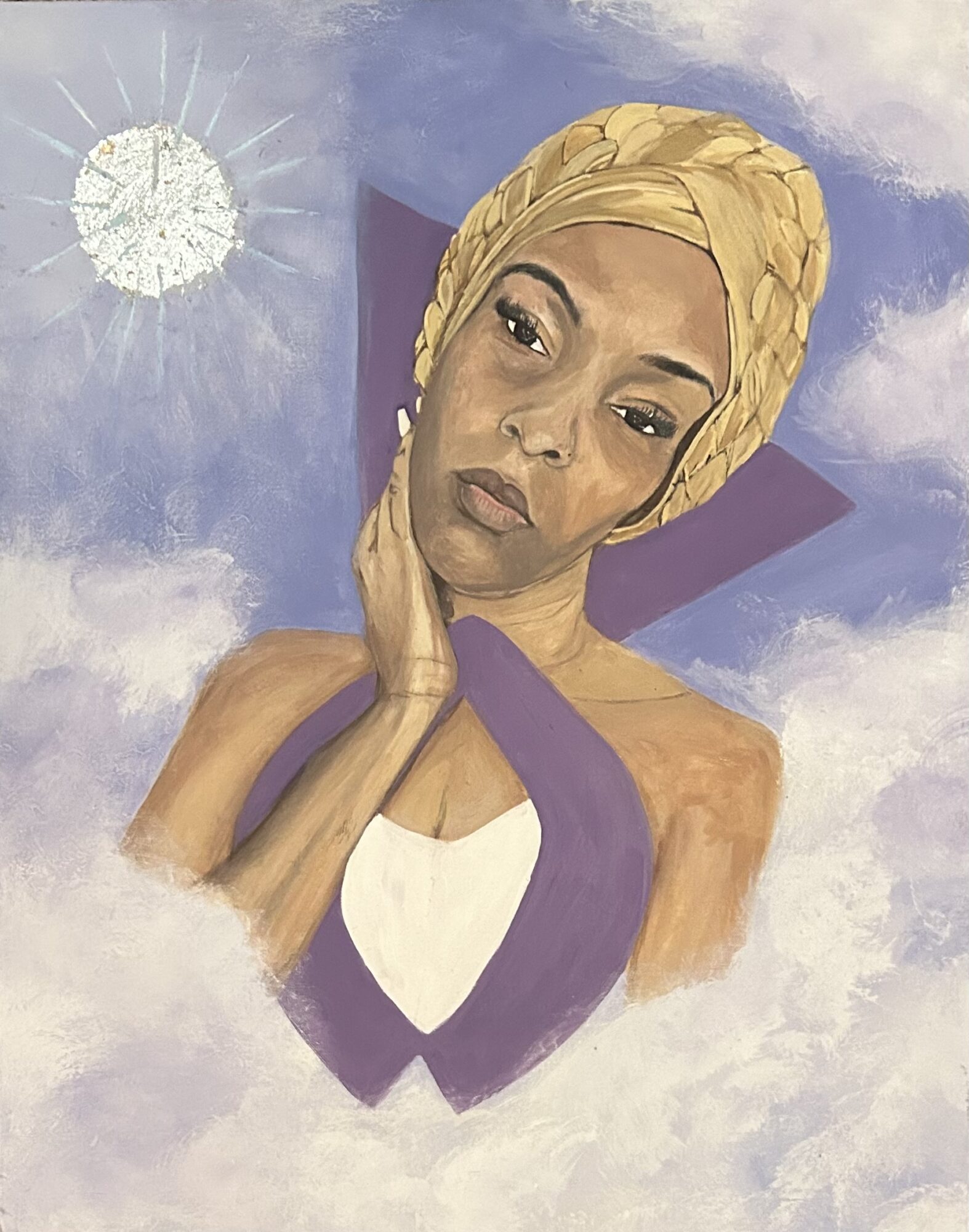 Portrait of a woman with a yellow headwrap, touching her face, against a cloudy sky with a sun, in a painting style.
