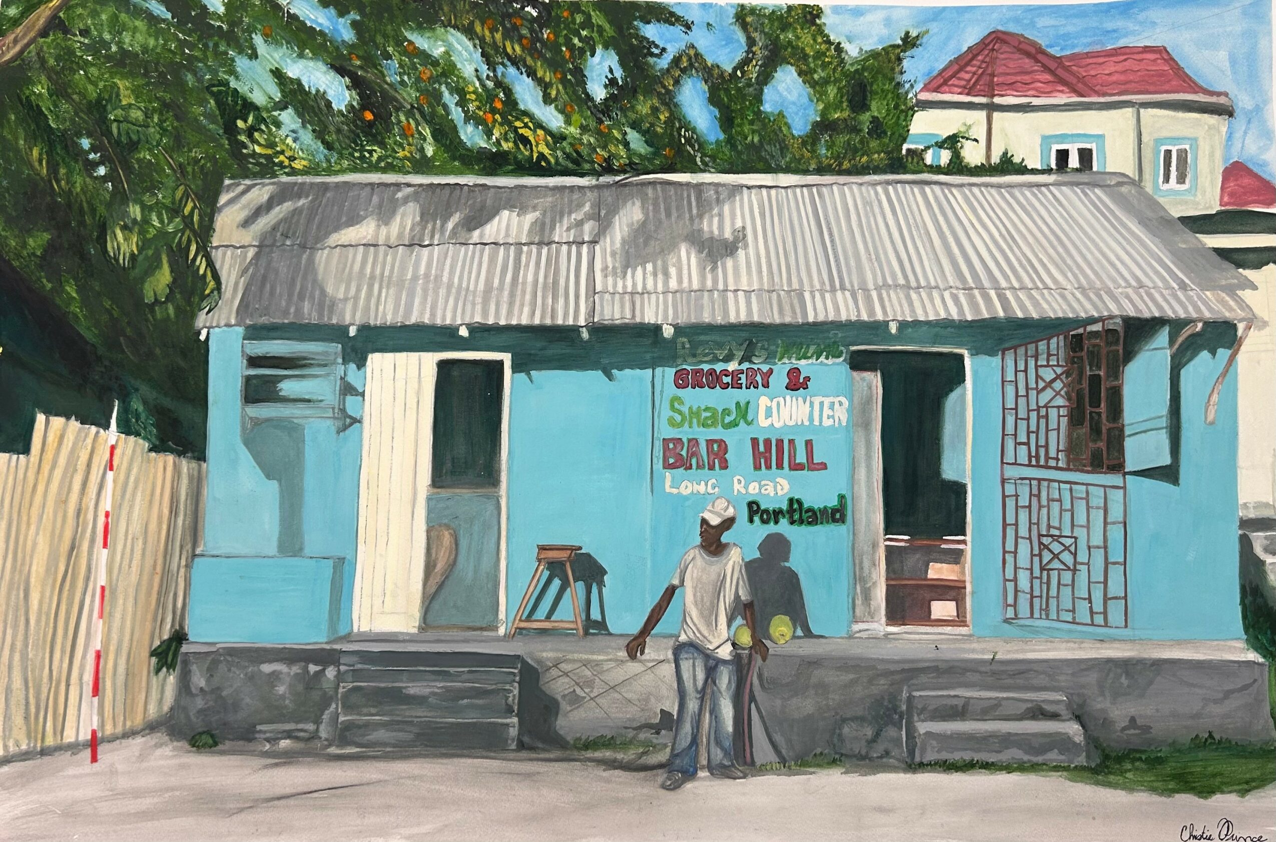 Small blue building with a sign for a bar and lounge, two people standing outside, trees in background.