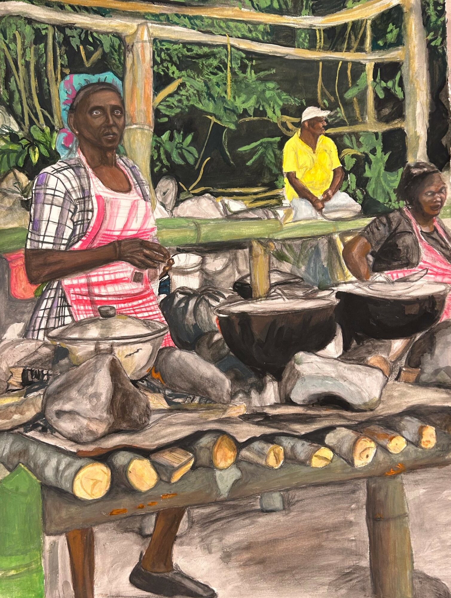 Three people outdoors near a wooden structure, with cooking pots and logs, surrounded by greenery and trees.