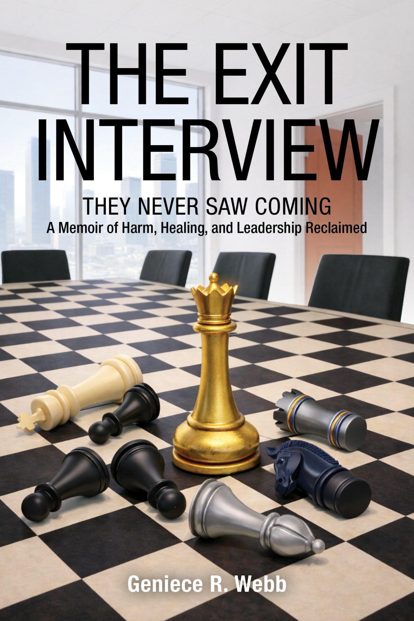 Chess pieces on a checkered table with a cityscape background, book title about exit interviews, author Geniece R. Webb.