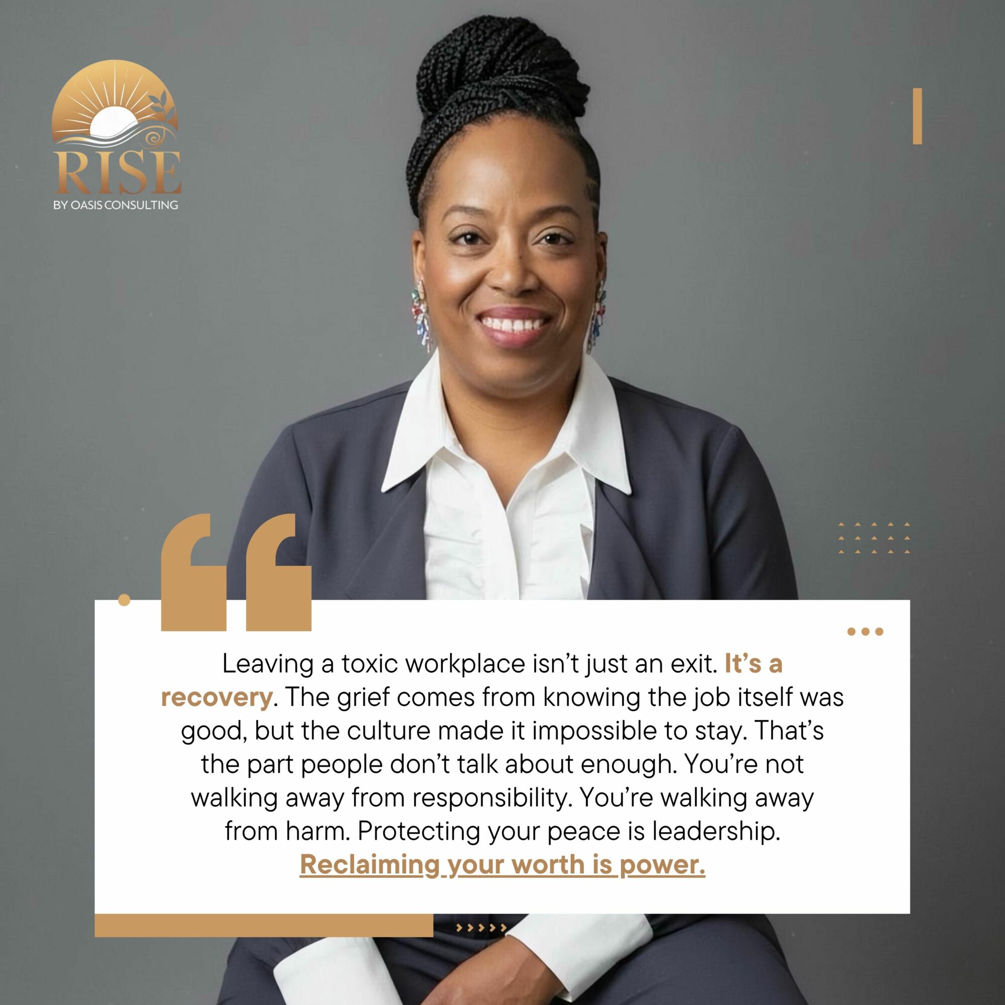 Smiling woman with braided hair in a blazer and white shirt against a gray background, with a quote about workplace recovery.