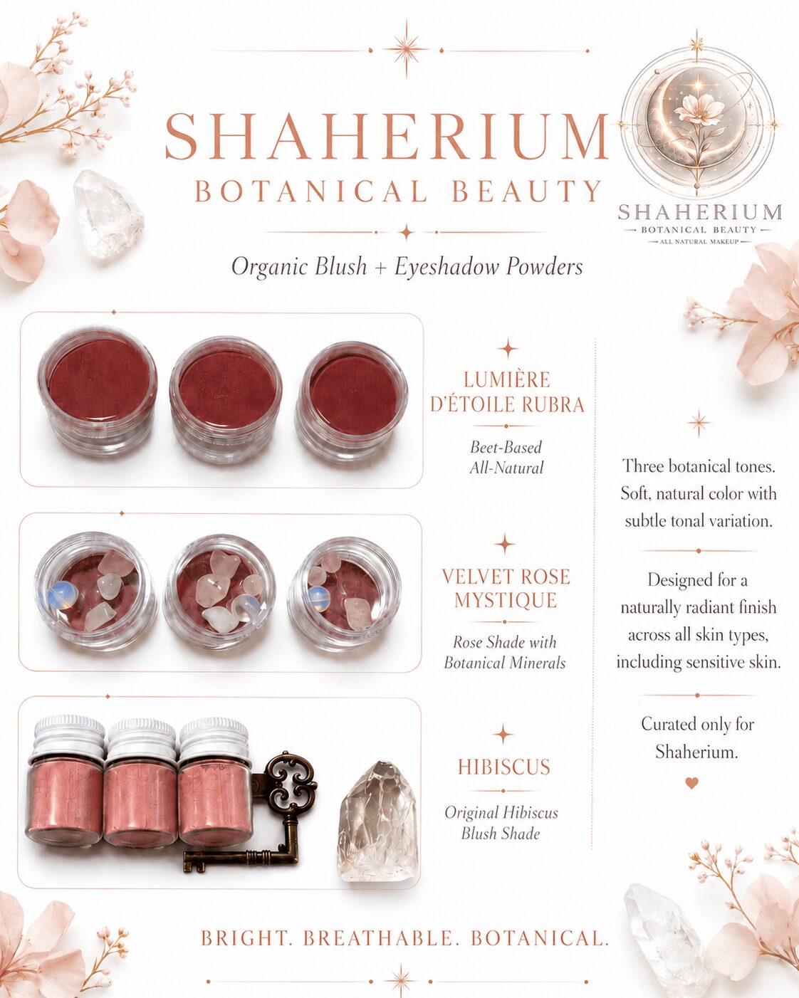 Product display of three blush and eyeshadow powders, three lip balms, and a crystal, with floral background and text about botanical beauty.