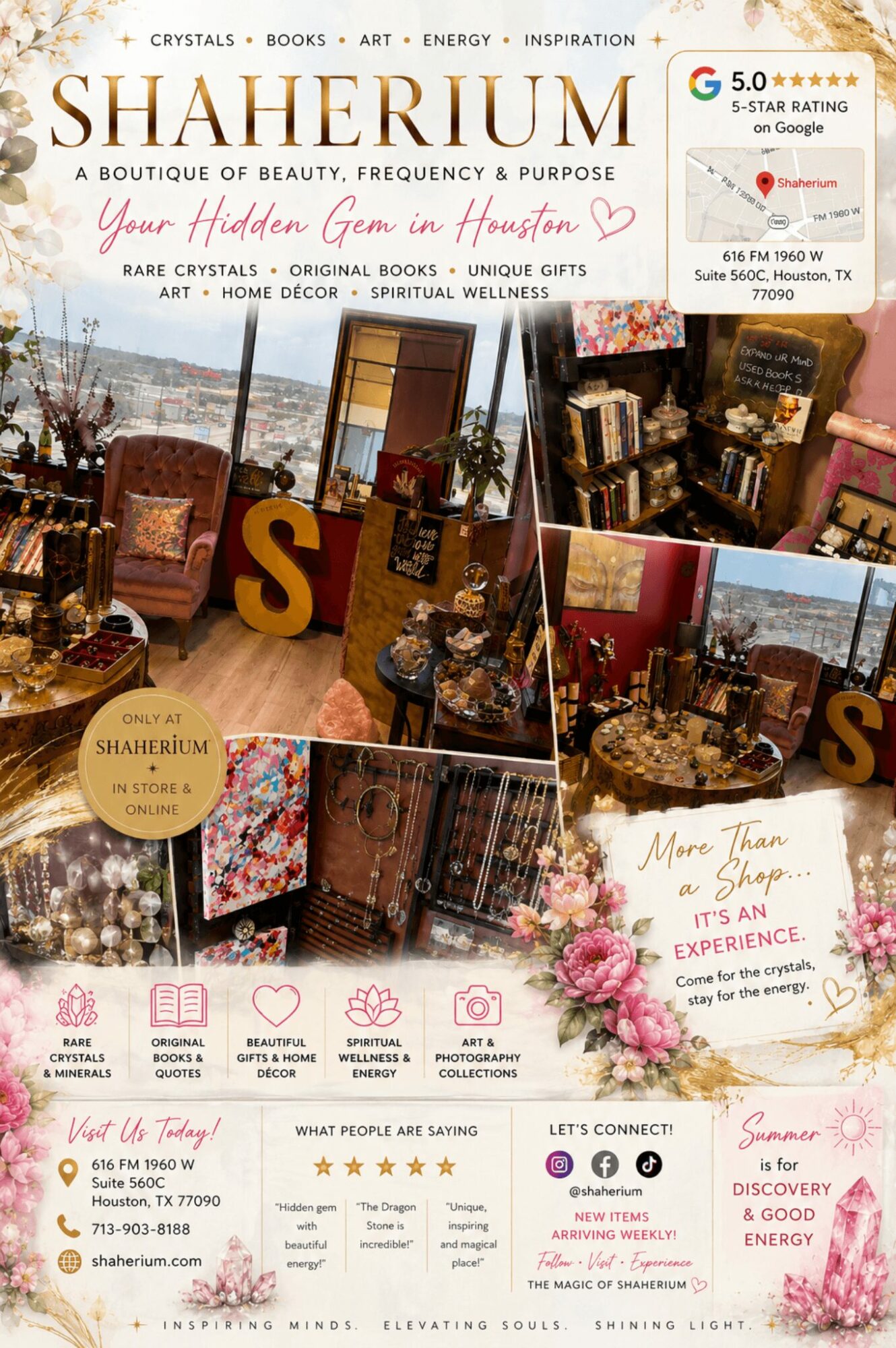 Display of interior decor items, furniture, and books in a boutique shop with pink flowers and a large yellow letter S.