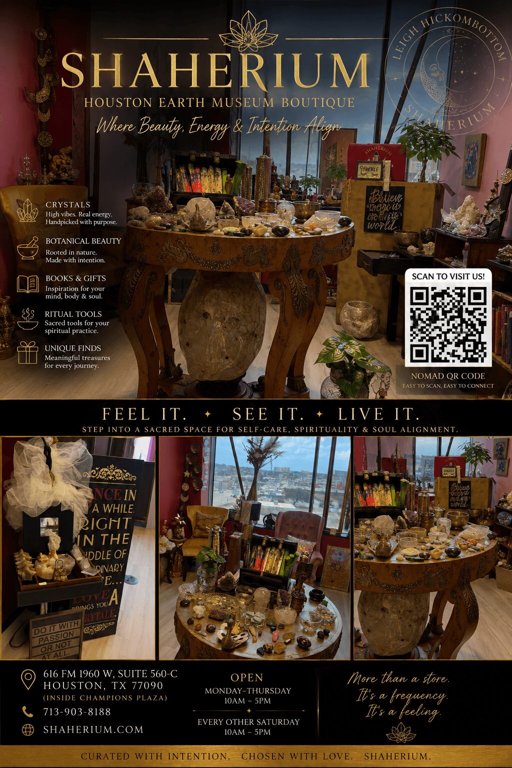 Display of jewelry and accessories at Shakerium Houston Earth Museum Boutique with a table and decorative items.
