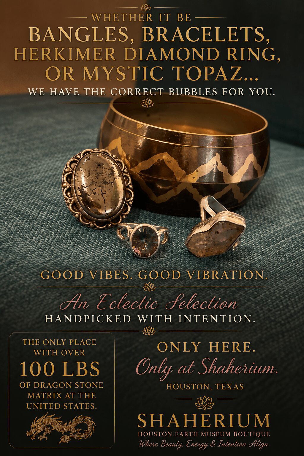 Display of jewelry including a large ring, a bracelet, and a stone, with text about jewelry and good vibes.
