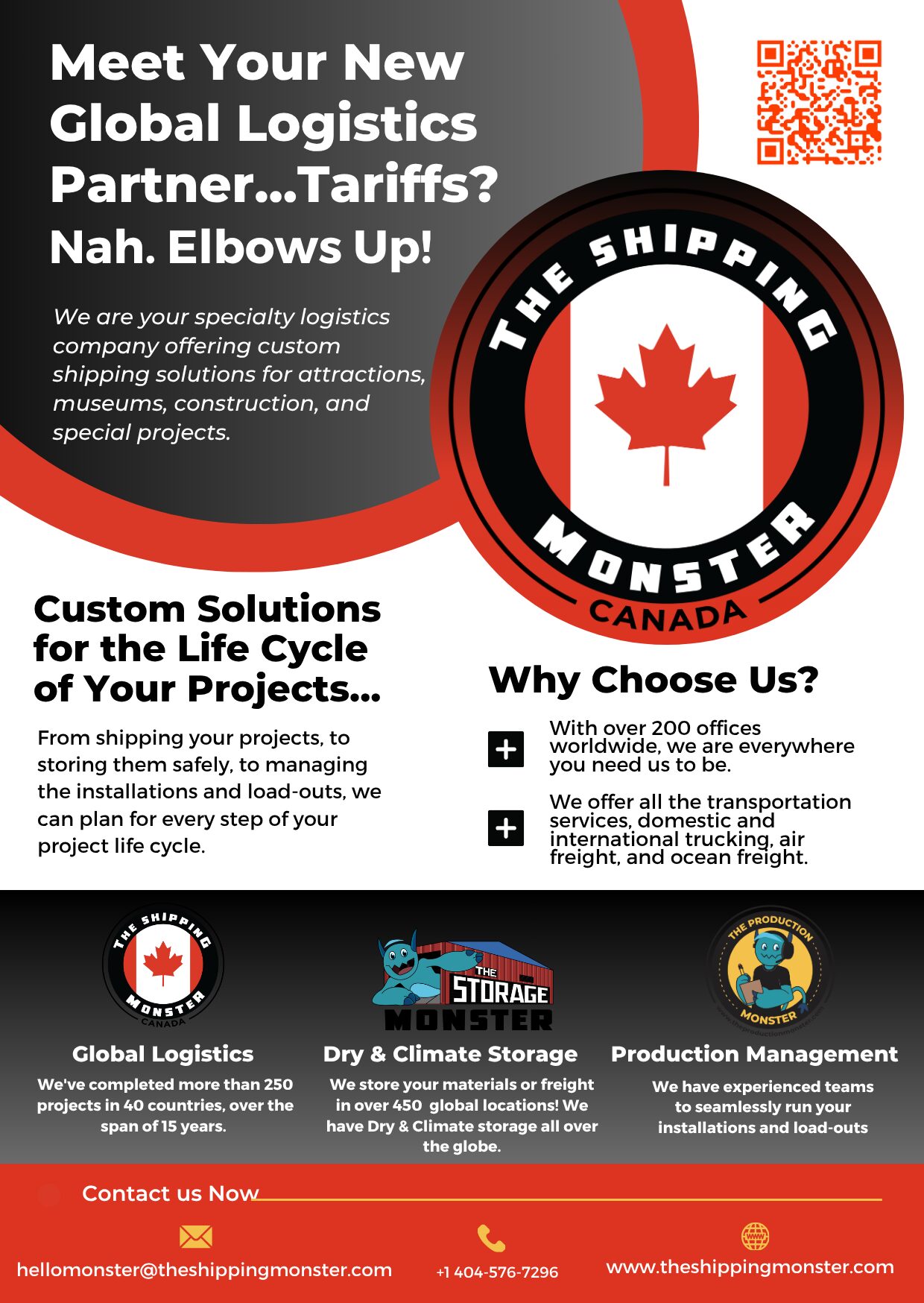 Red and black circular logo with a maple leaf, text about logistics partnership, and a QR code. Contact info at bottom.