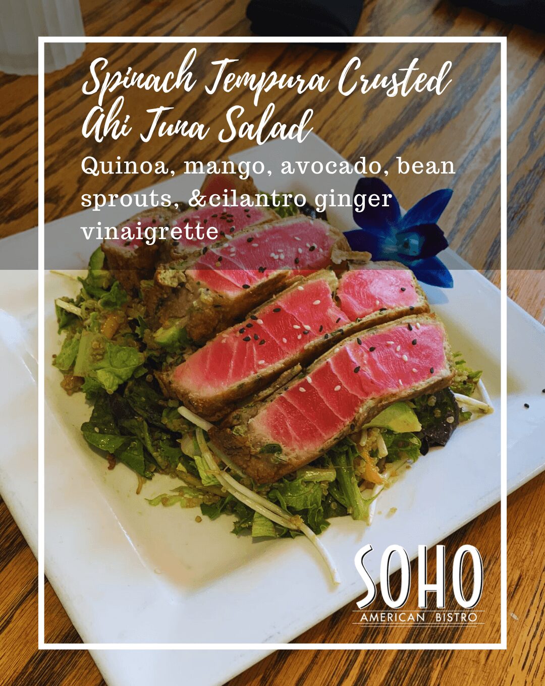 Slices of ahi tuna salad with spinach tempura crust, avocado, bean sprouts, and ginger vinaigrette on a white plate with greens.
