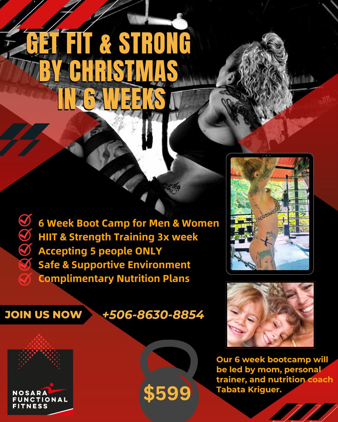 Promotional poster for a fitness program with text, images of a woman and children, and contact information.