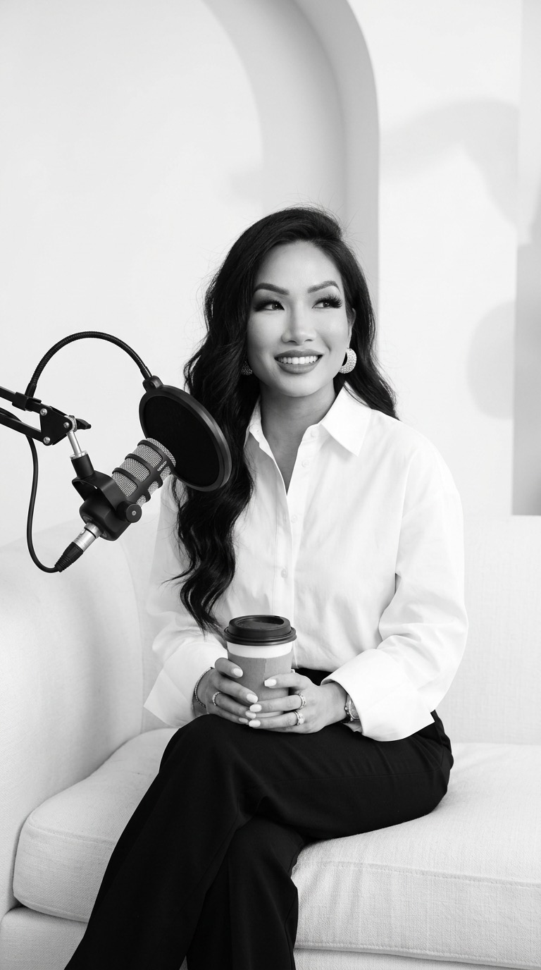 Woman with long wavy hair smiling, holding a coffee cup, sitting on a sofa with a microphone nearby, in a bright room.