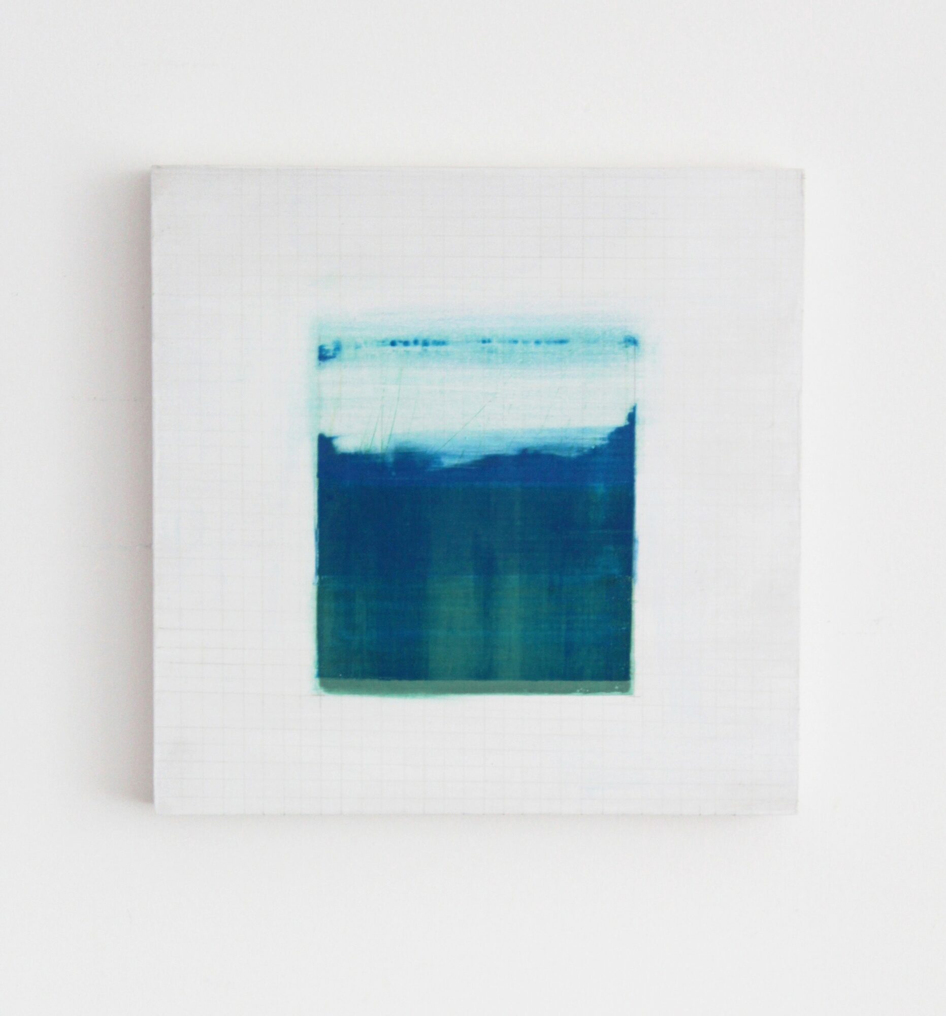 Abstract artwork with blue and teal horizontal bands on a white canvas, centered on a white background.