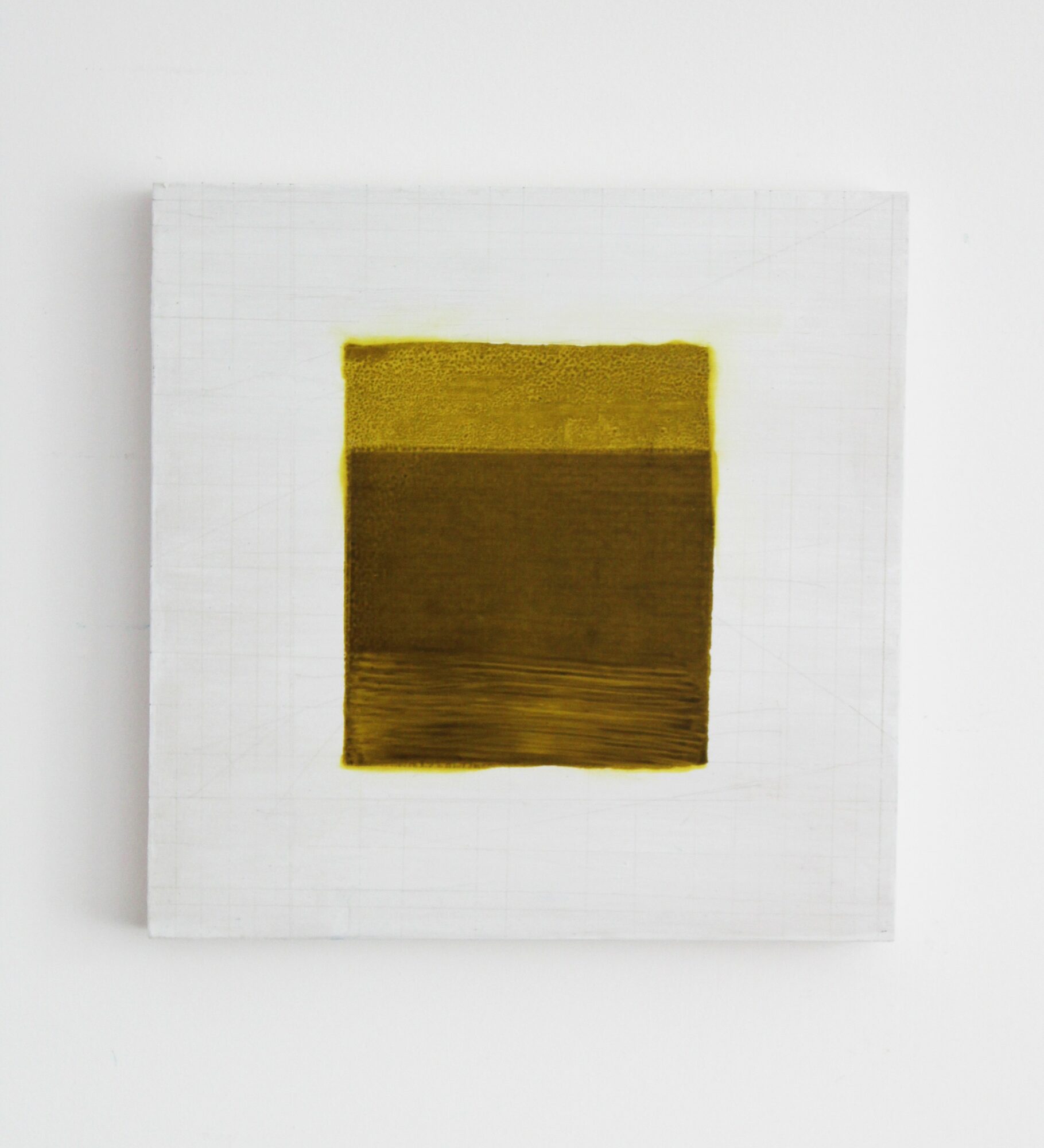 Abstract painting with a yellow top section and a brown bottom section on a white background.
