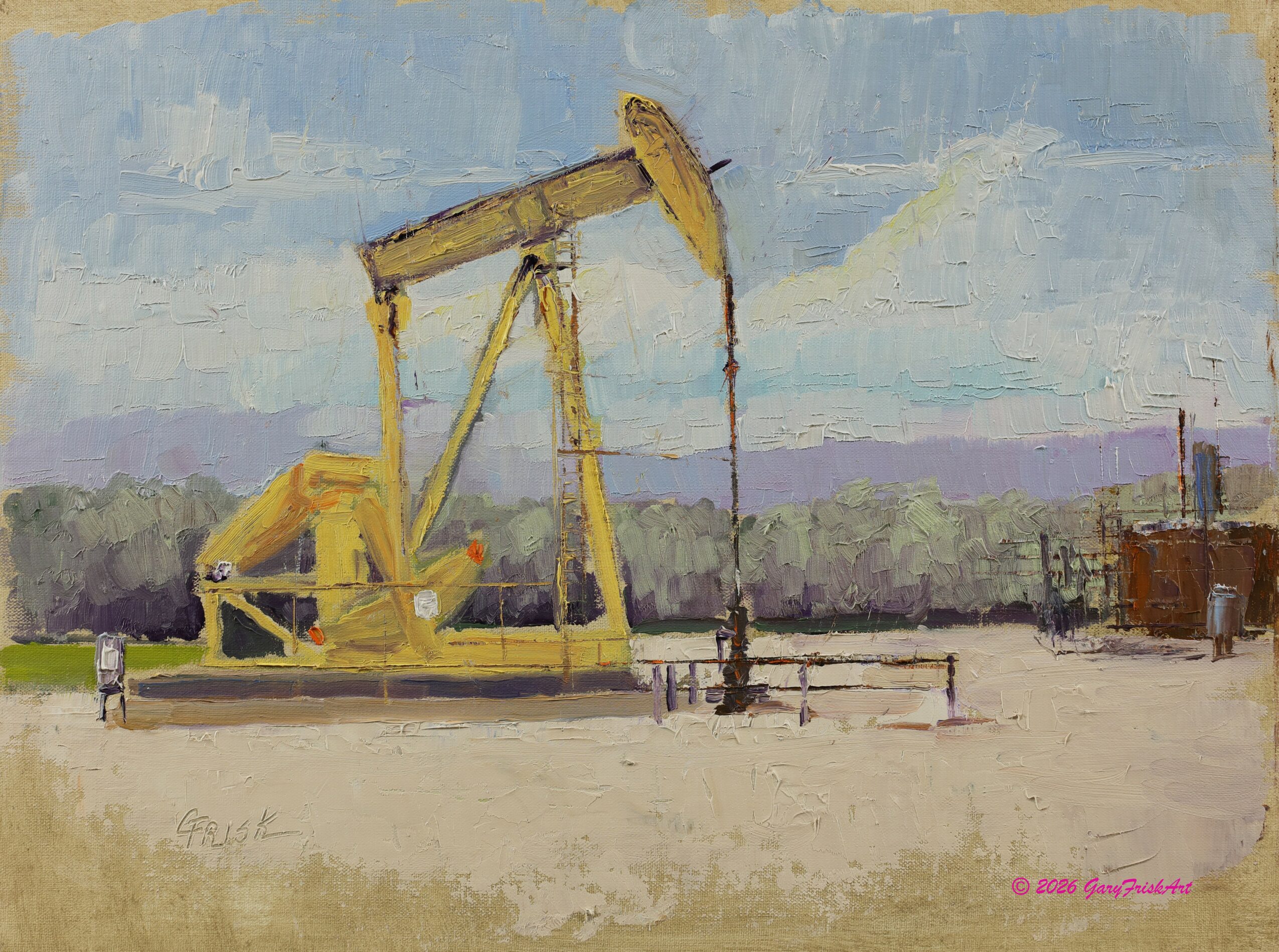 Painting of an oil pumpjack in a landscape with trees and sky, using yellow and brown colors.
