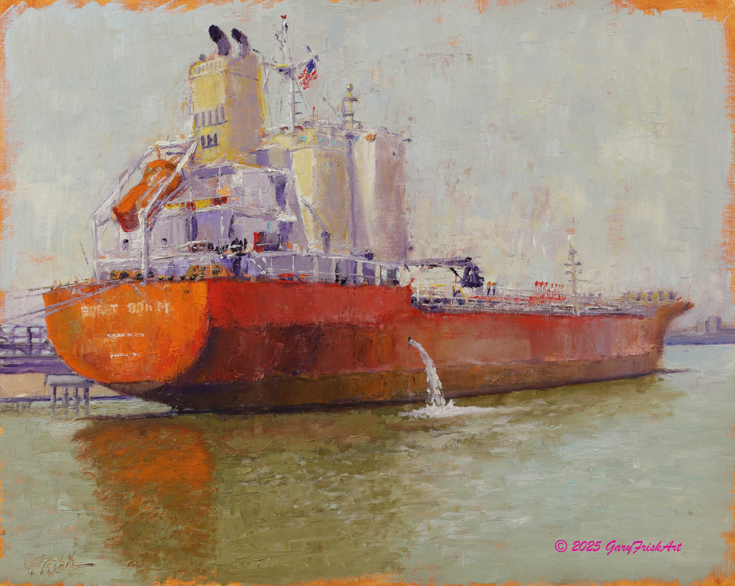 Large ship with orange hull and purple structures, floating on water, with a light sky background.