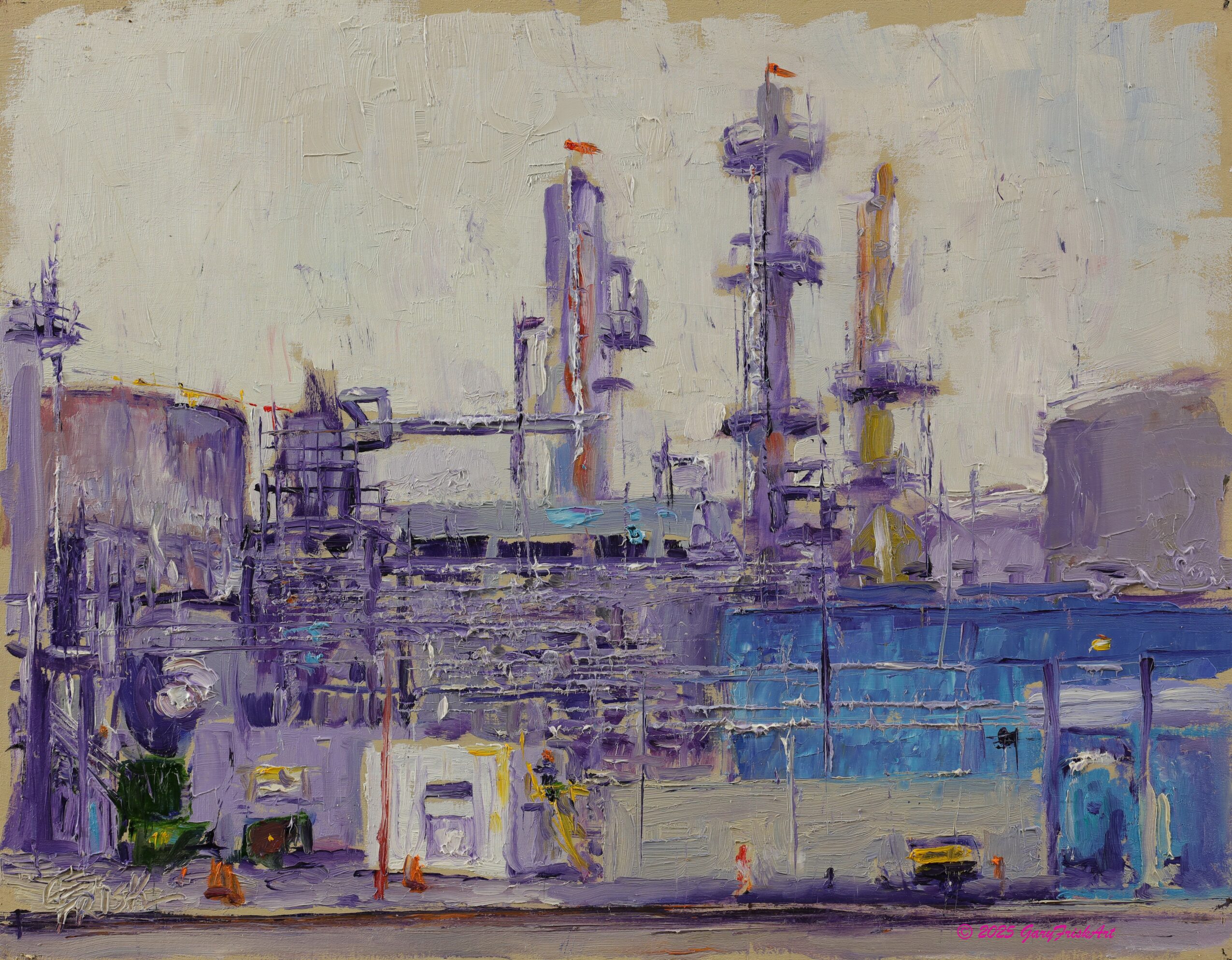 Industrial scene with factories and chimneys, painted in purple, blue, and yellow tones, with a cloudy sky background.