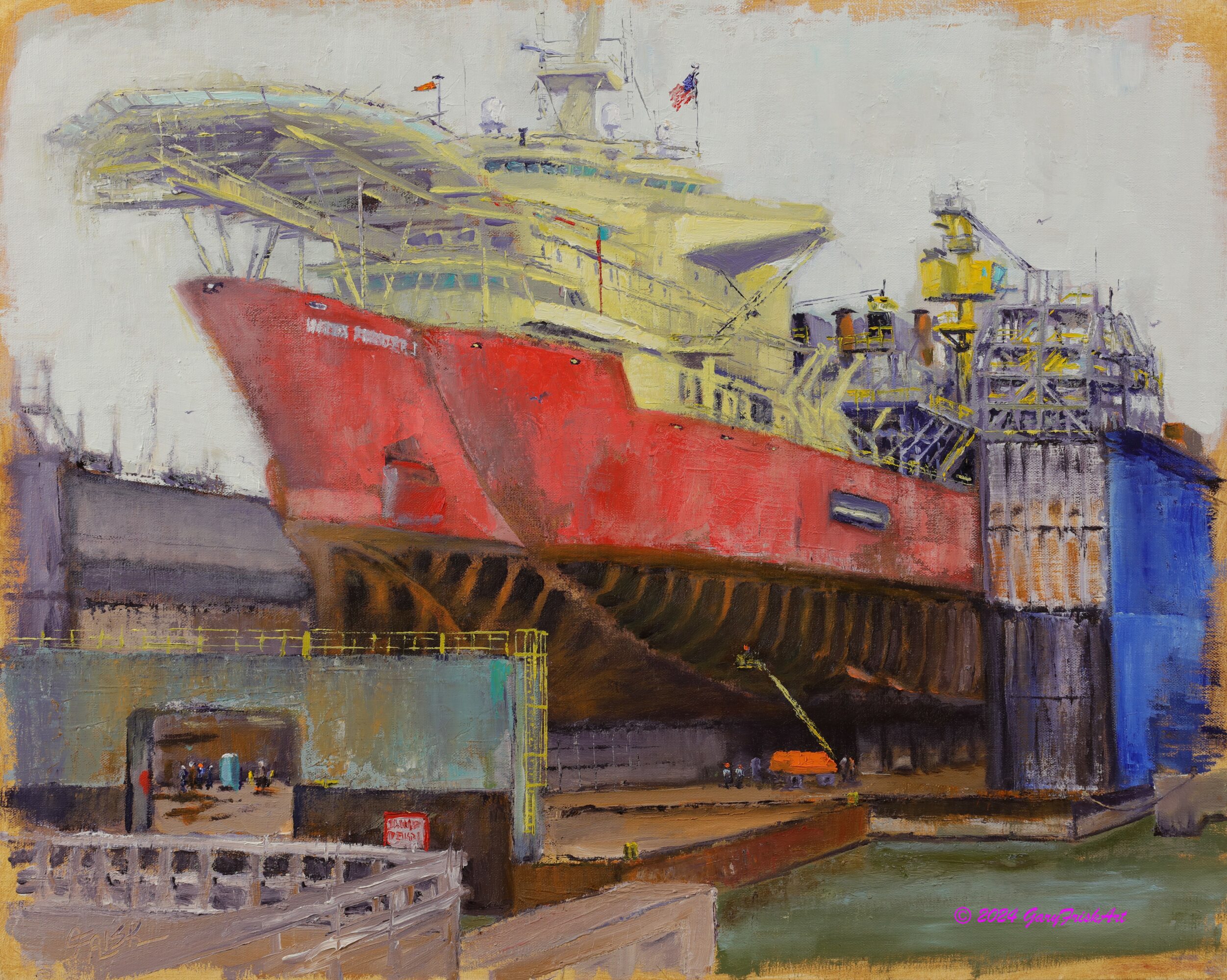 Large ship in a dry dock with industrial structures around it, painted in red, yellow, and blue colors.