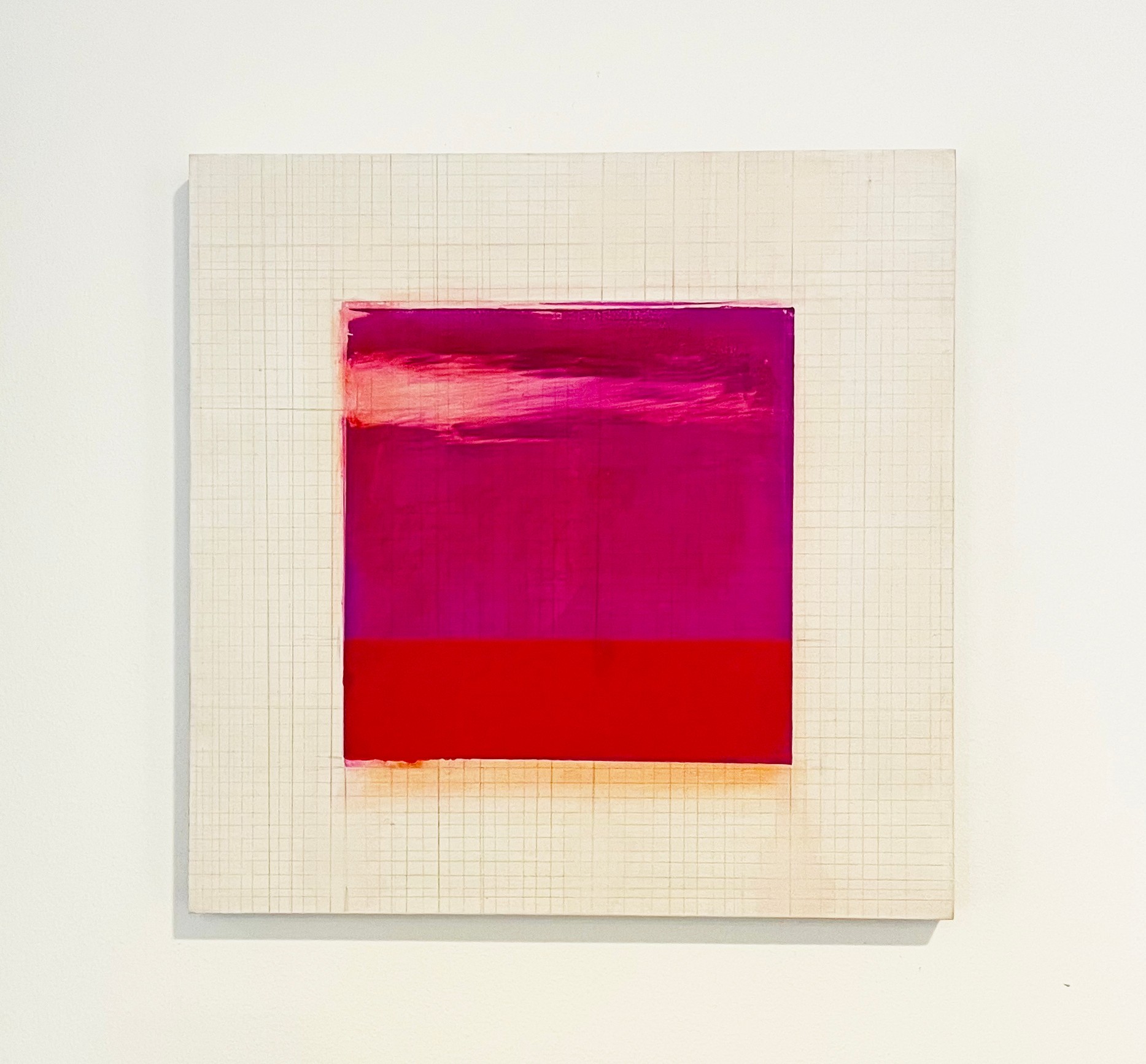 Abstract painting with pink, red, and white horizontal streaks on a grid-patterned background.