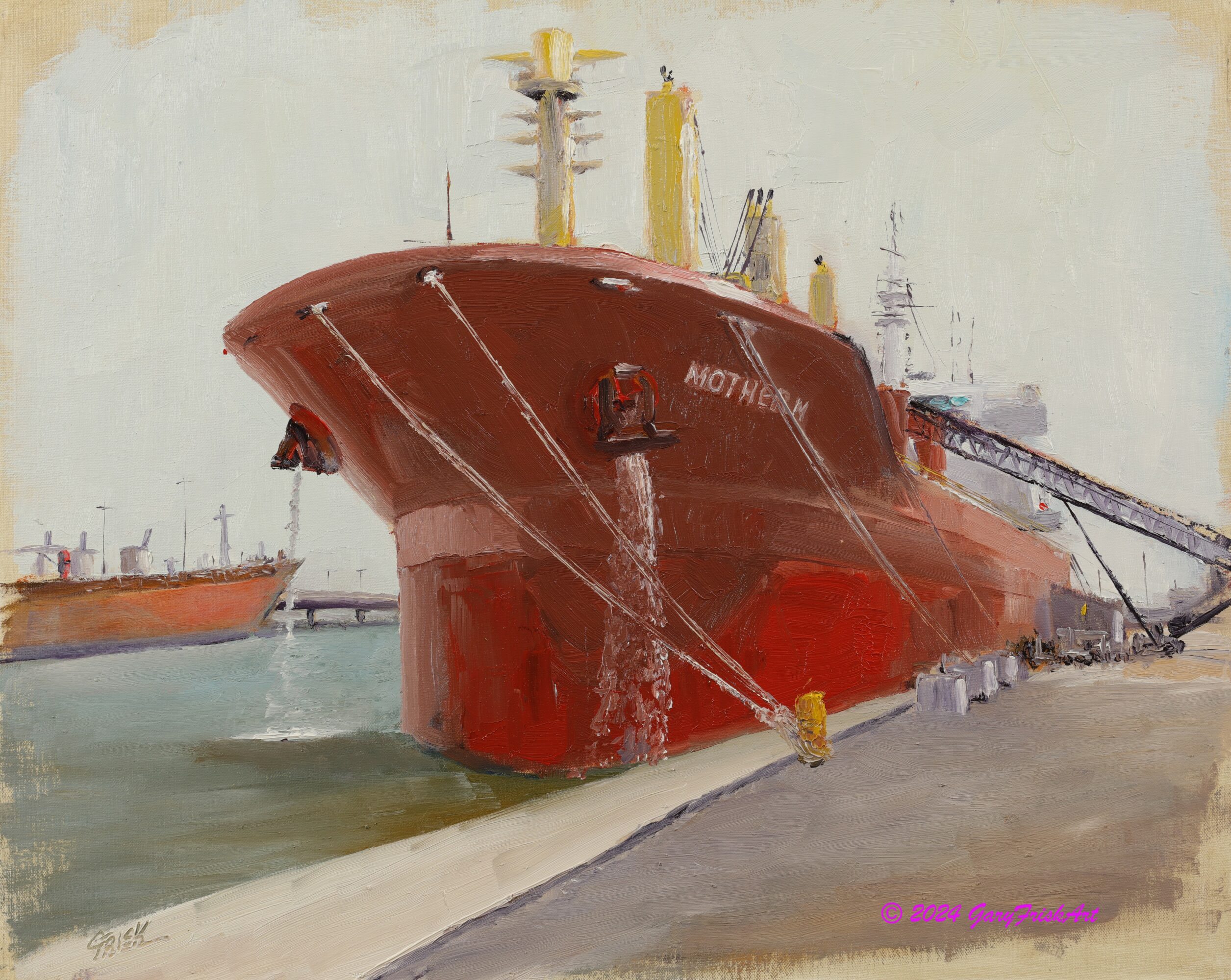 Large red ship docked at a pier with a smaller boat nearby, sky and water in background, painted in a realistic style.