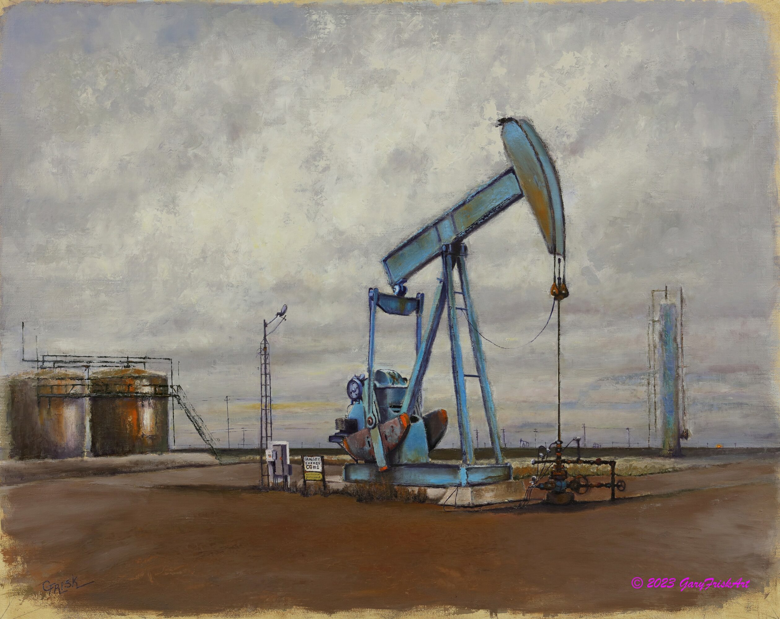 Oil pump jack in a flat landscape with cloudy sky, industrial structures in the background, and a dirt ground.