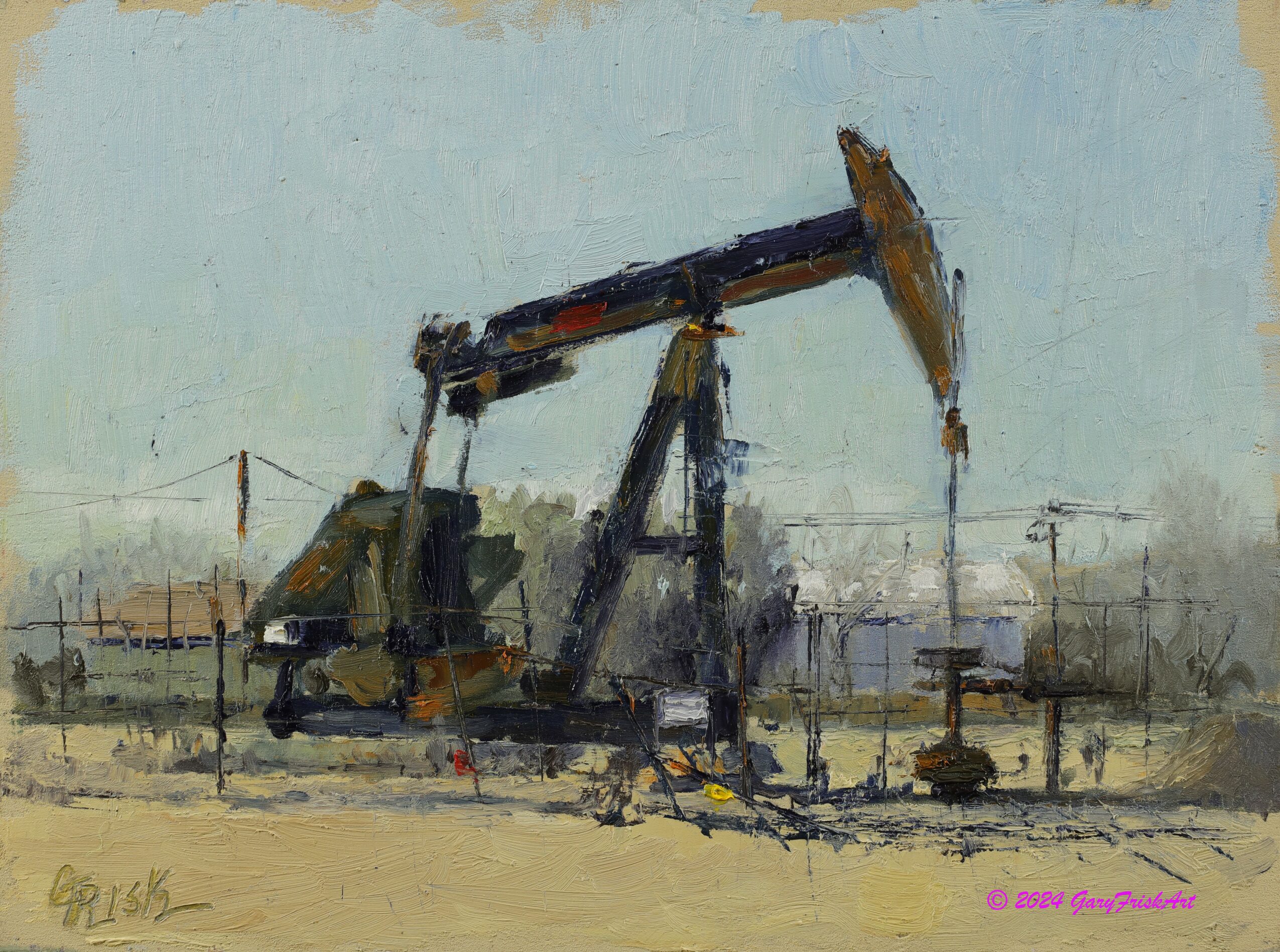 Oil painting of an oil pumpjack in a rural landscape with power lines and buildings in the background.