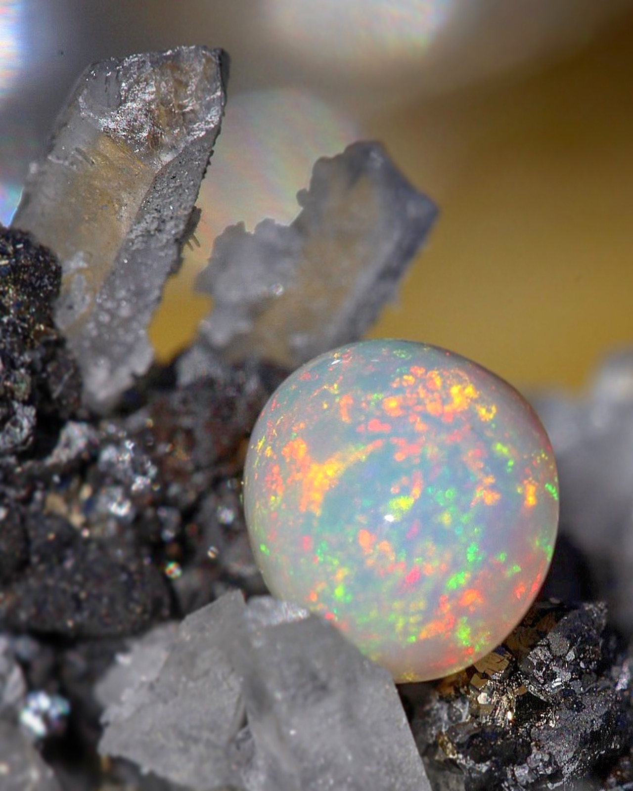 A spherical opal gemstone with colorful play-of-color sits among black and white mineral crystals.