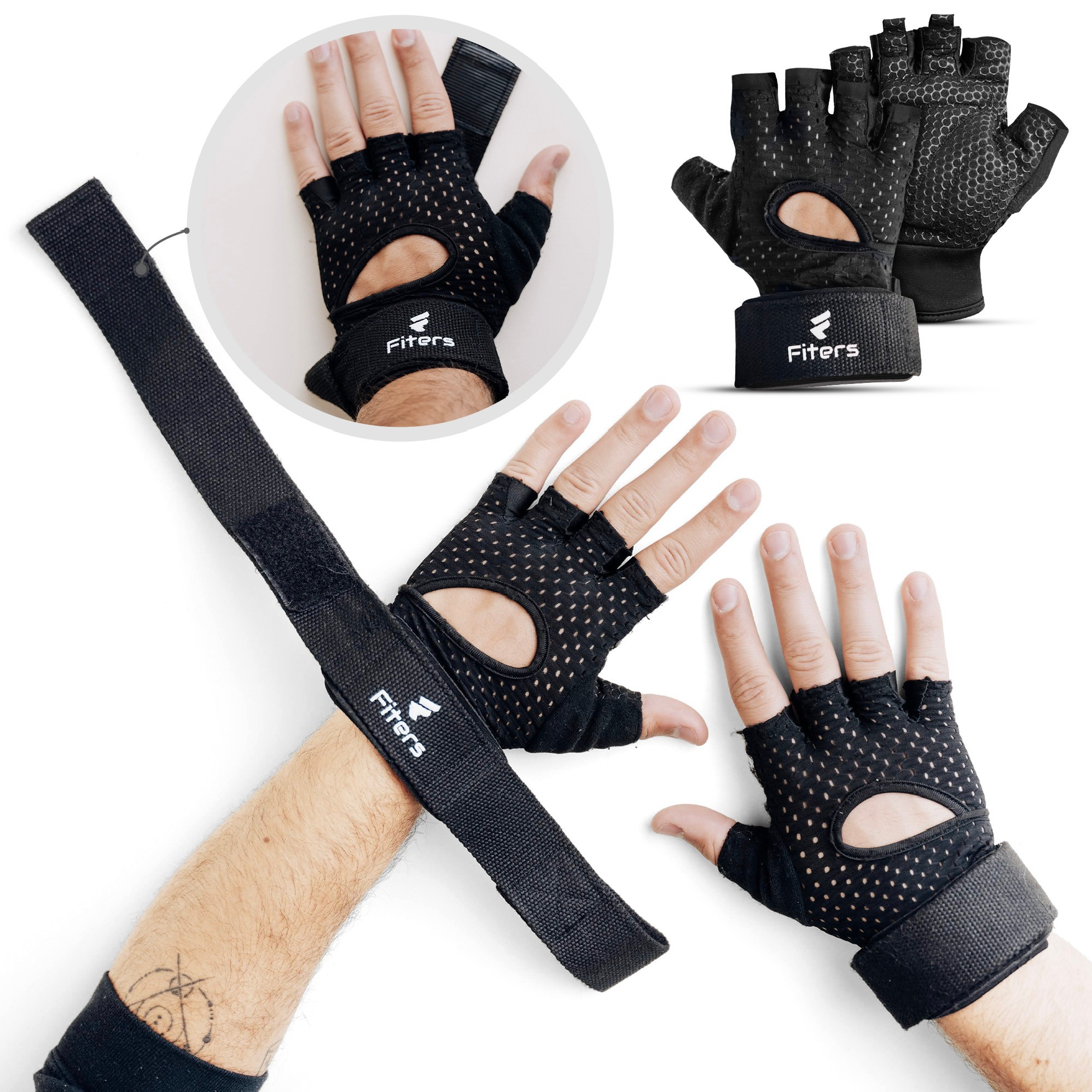 Pair of black fitness gloves with open fingers and wrist straps, shown on hands and in a close-up view.