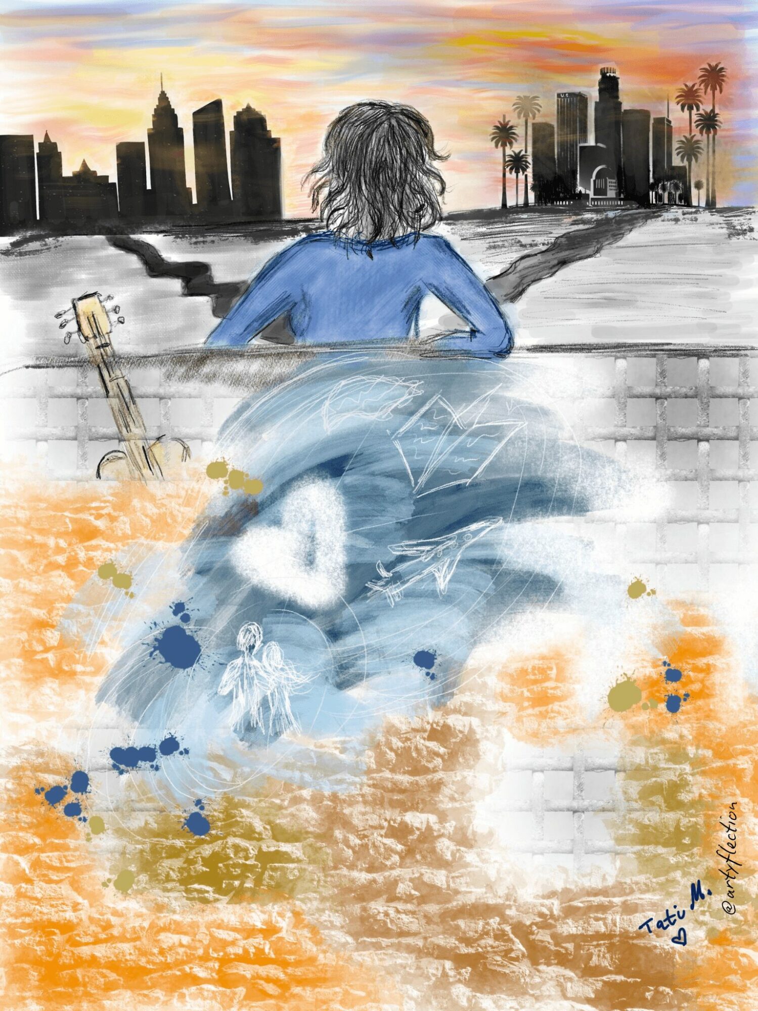 Person with gray hair in blue shirt looks at city skyline during sunset, with water and orange paint splashes in foreground.