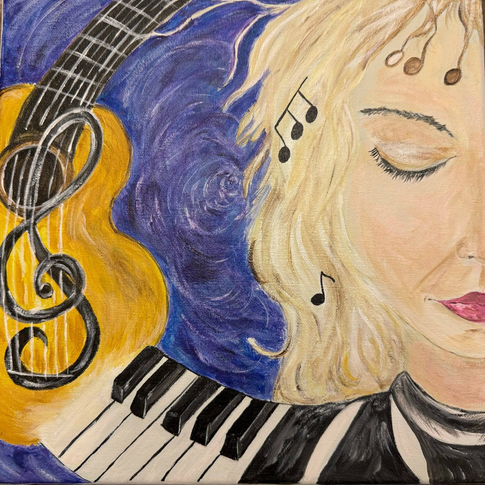 Partial portrait of a woman with blonde hair, musical notes, a guitar, and a piano keyboard, in a colorful painting.