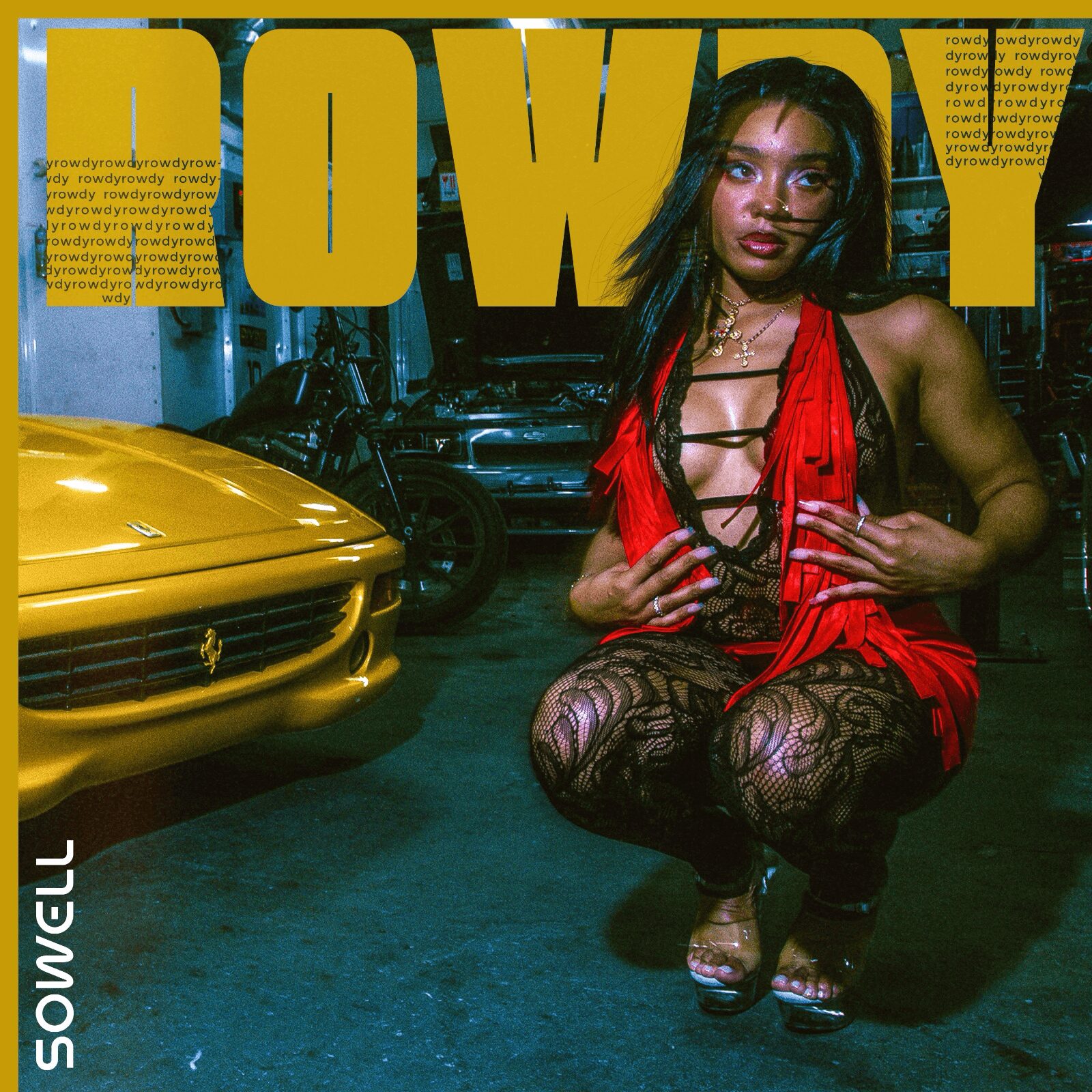 Woman in red dress crouching in garage with yellow car, large yellow text above, black background, industrial setting.