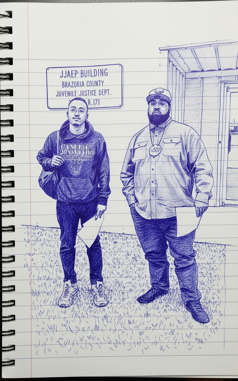 Two men standing outdoors in front of a building, one holding a paper, with a sign reading JJAEP Building, Brazoria County, Texas, in the background.