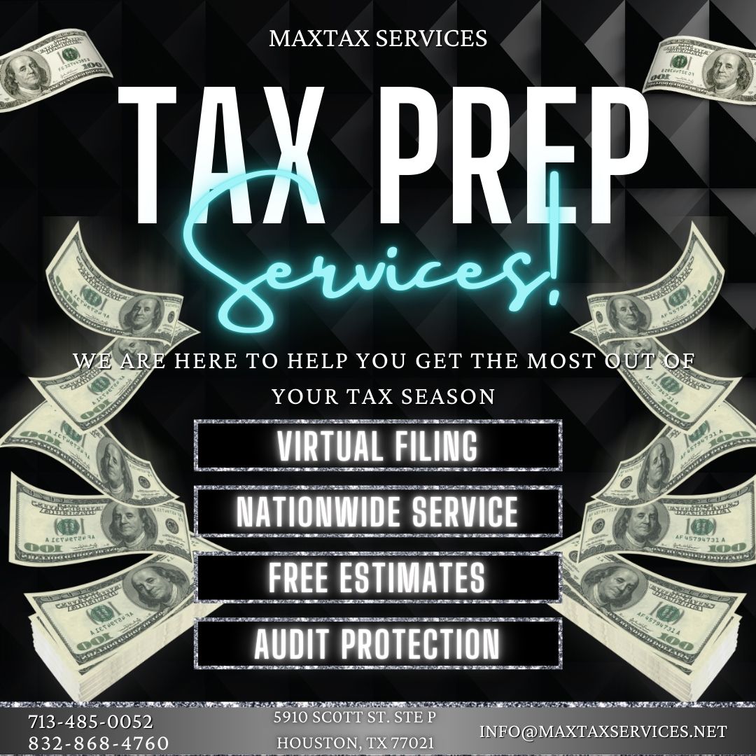 Advertisement for tax preparation services with dollar bills, text about virtual filing, nationwide service, free estimates, and audit protection.