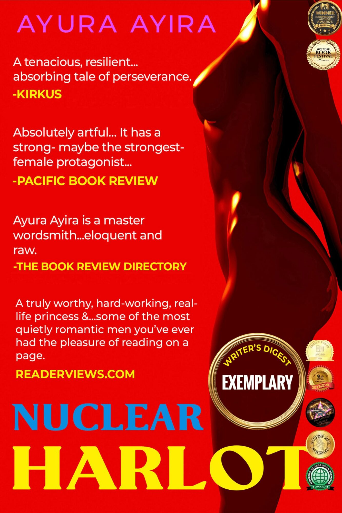 Red background with text about a book, featuring a partial silhouette of a person in red, gold, and black. Excerpt reviews and awards.