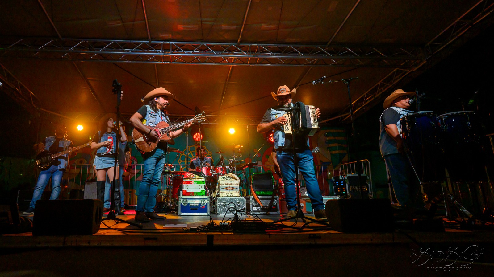 Band performs on stage with musicians playing guitar, accordion, and drums, illuminated by stage lights, audience visible in background.